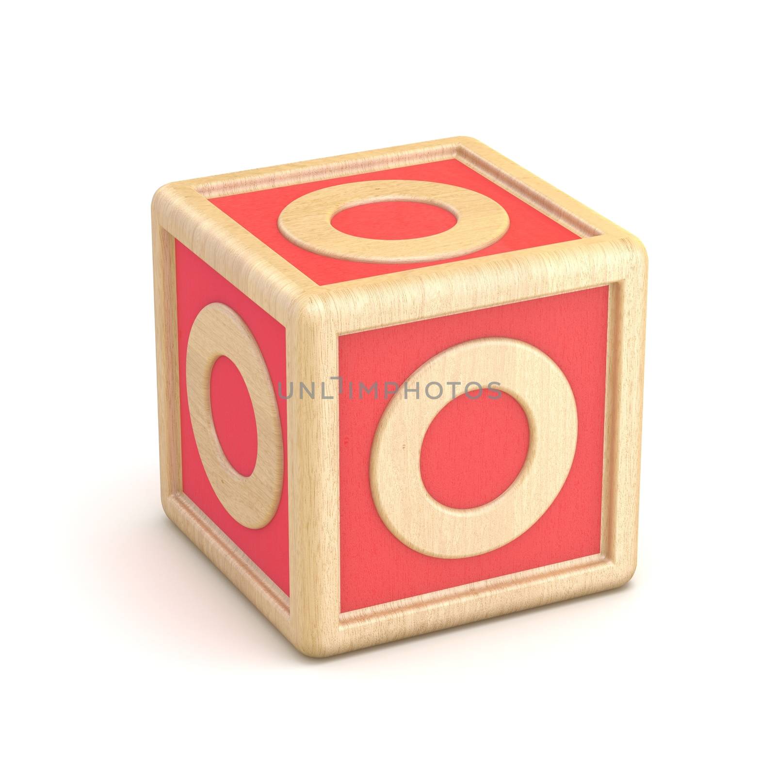 Letter O wooden alphabet blocks font rotated. 3D render illustration isolated on white background