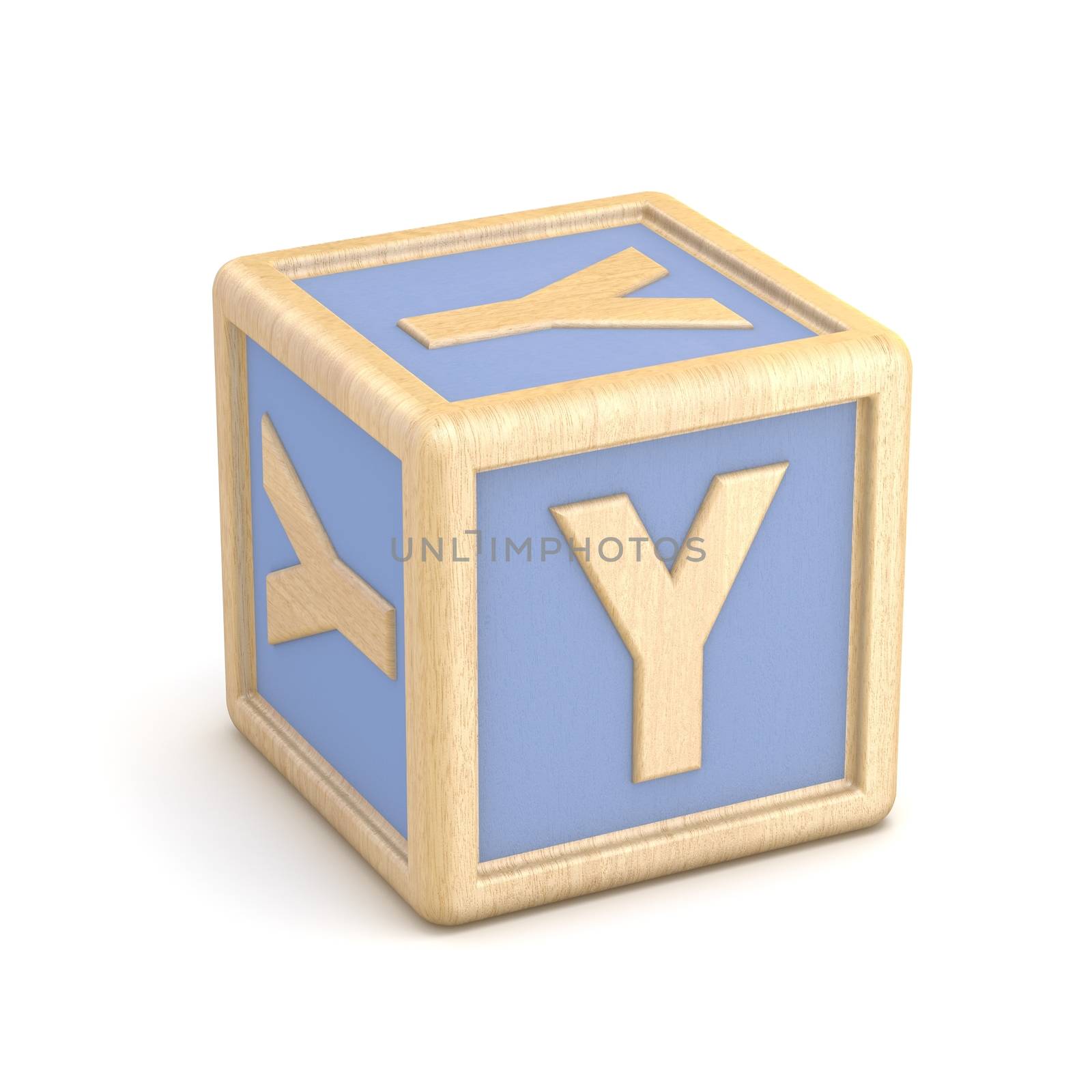 Letter Y wooden alphabet blocks font rotated. 3D render illustration isolated on white background