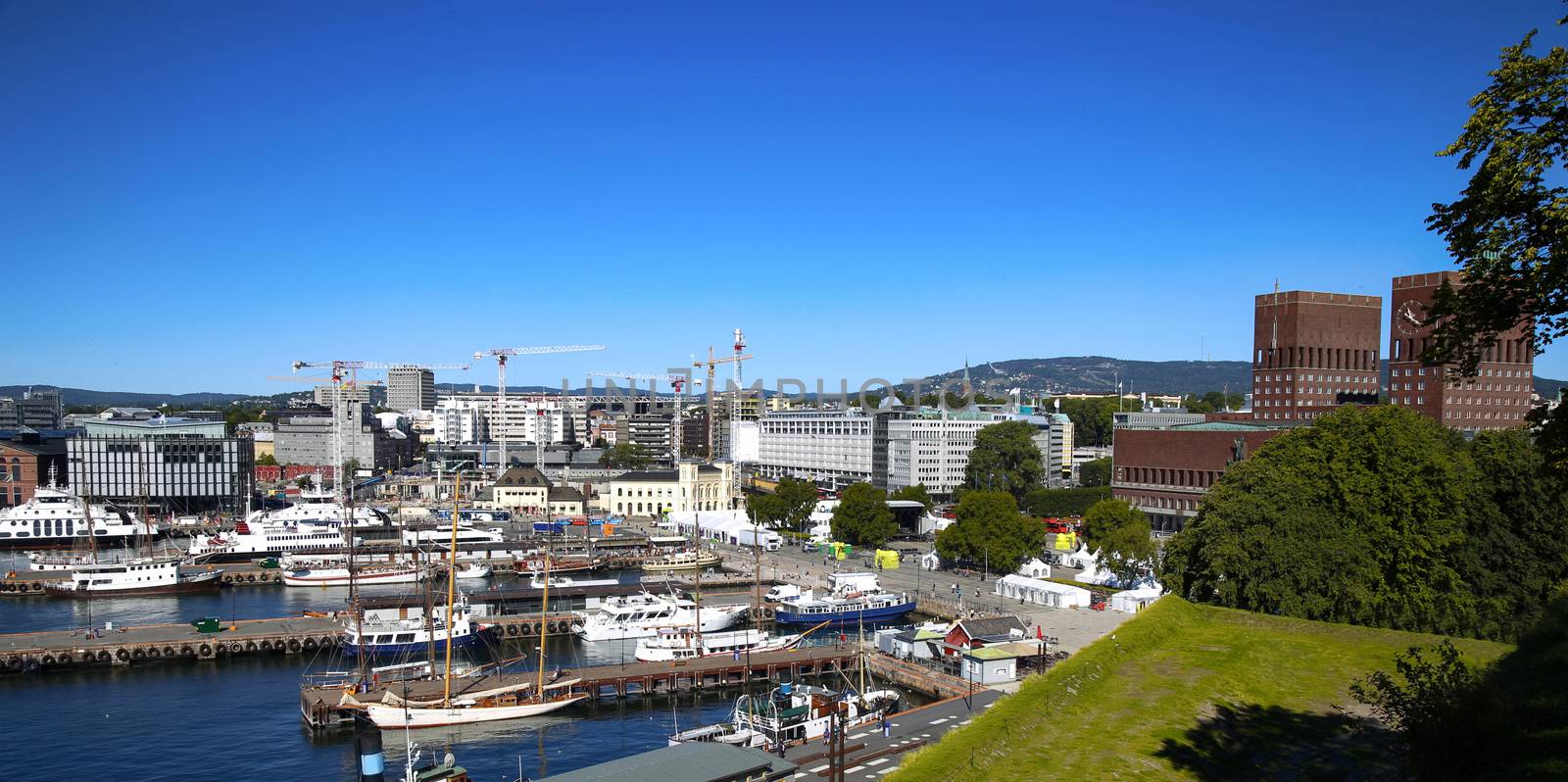 View of panorama on Oslo Harbour and Oslo City Hall in Oslo, Norway