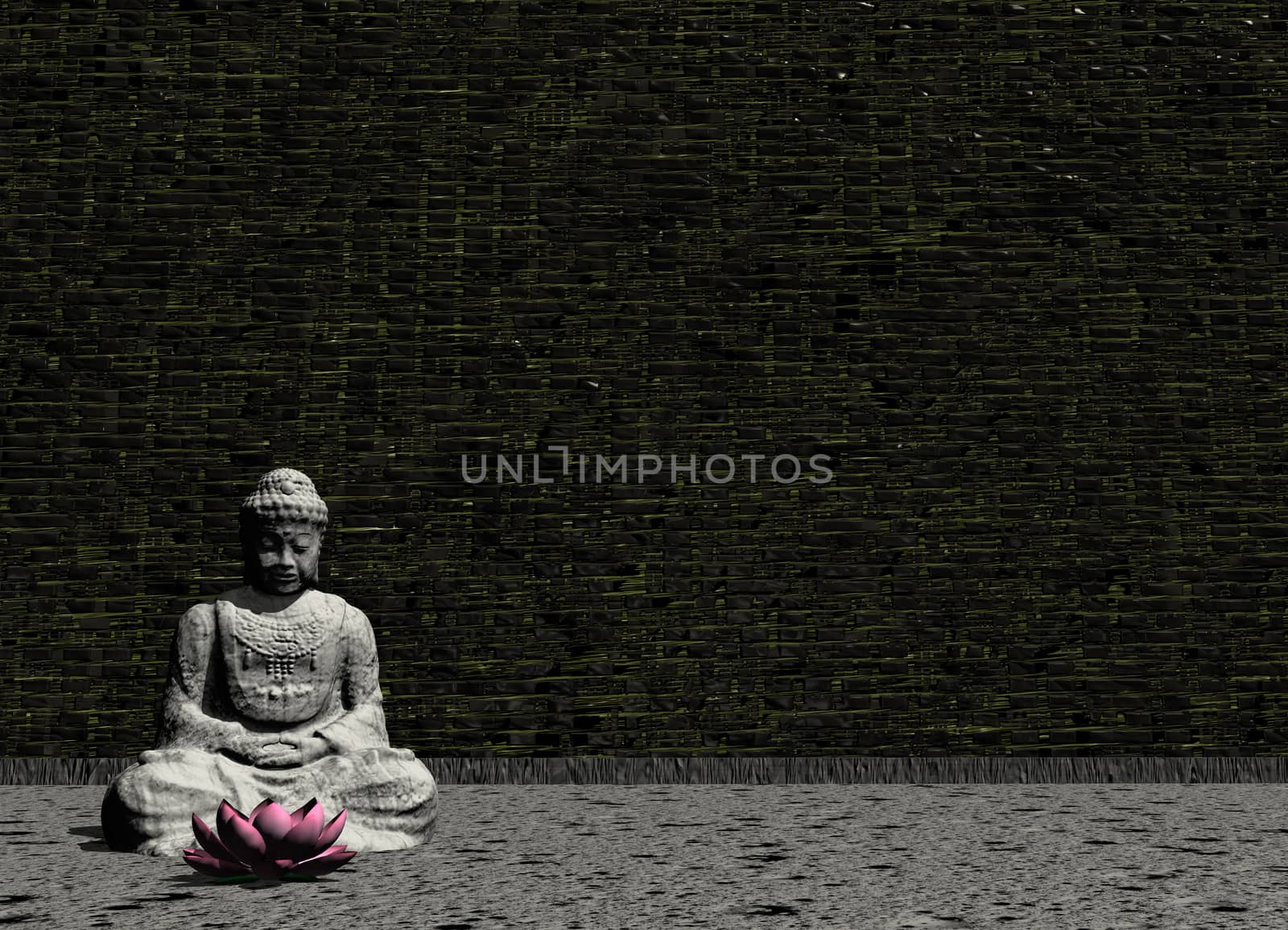 Peaceful stone Buddha in meditating posture in front of a lotus flower in a grey room - 3D render