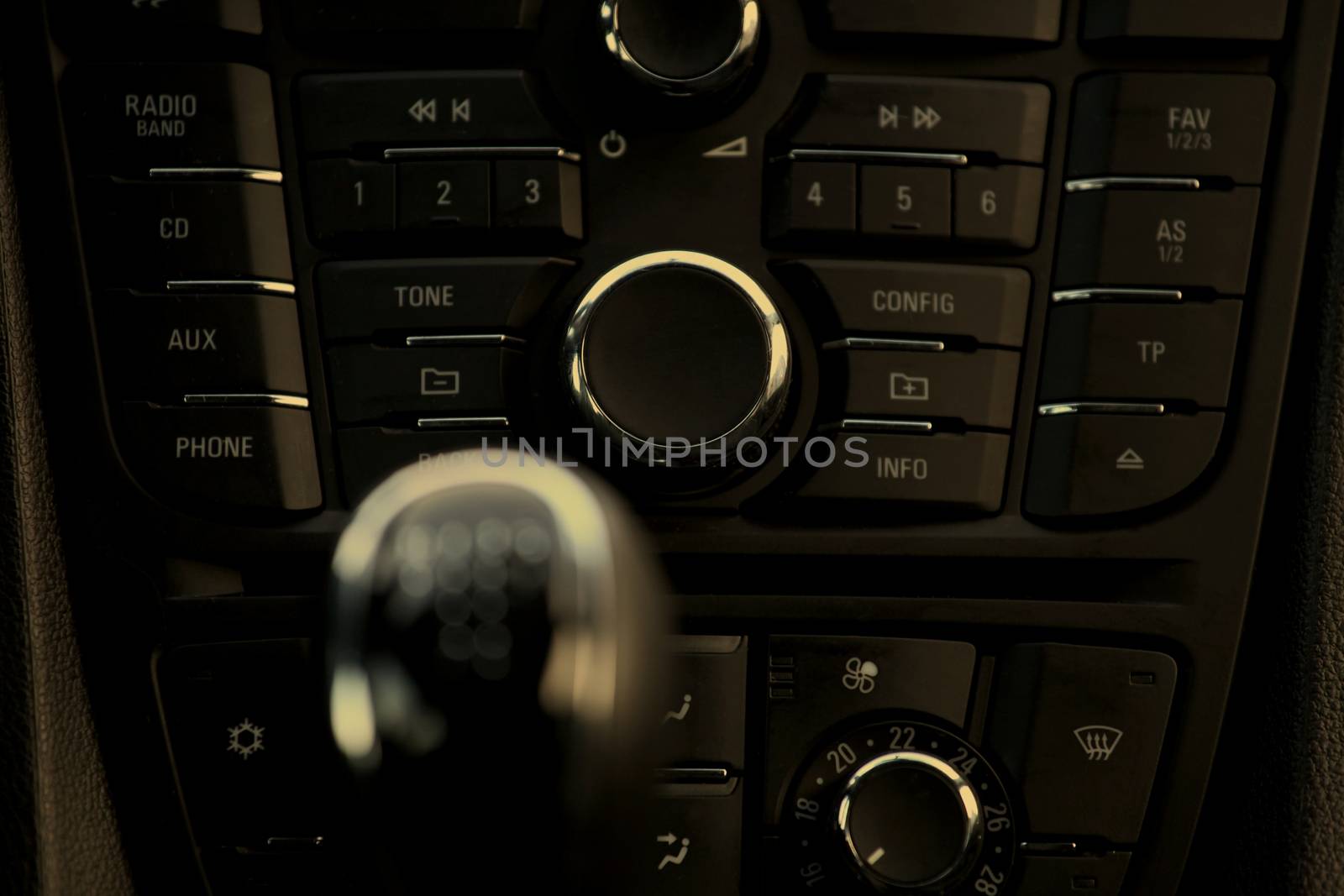 Details closeup of cockpit and dash, gearstick in modern car