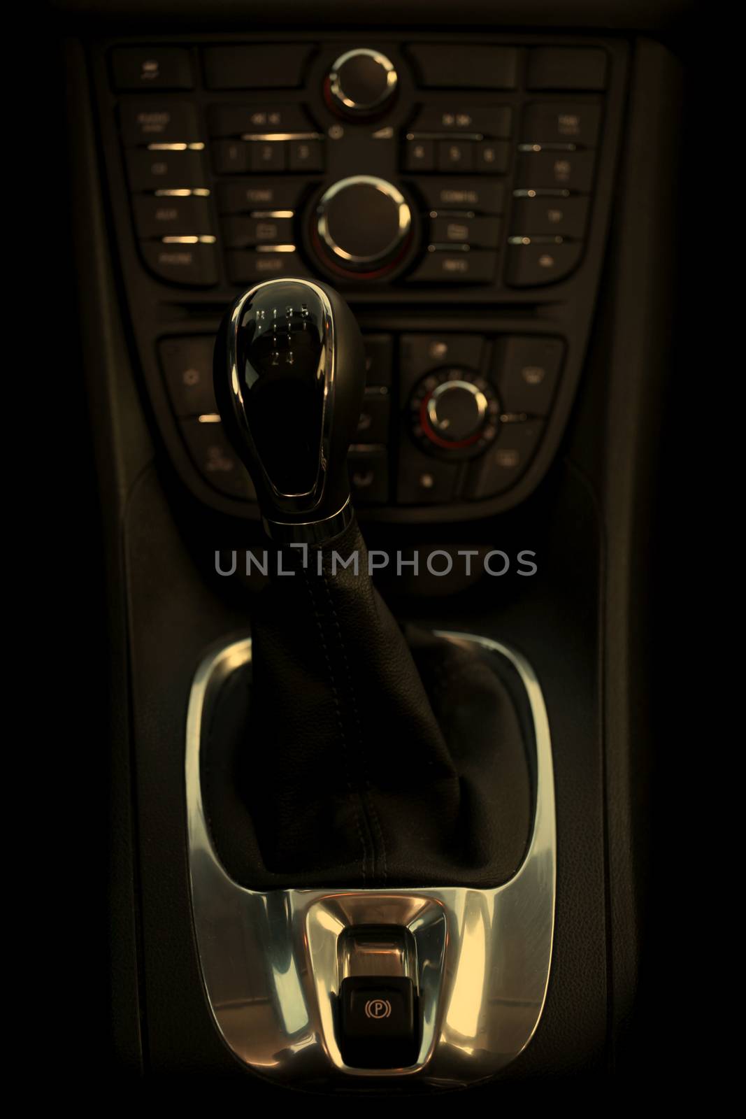 Details closeup of cockpit and dash, gearstick in modern car