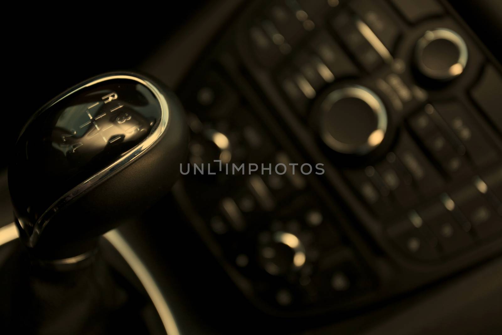 Details closeup of cockpit and dash, gearstick in modern car