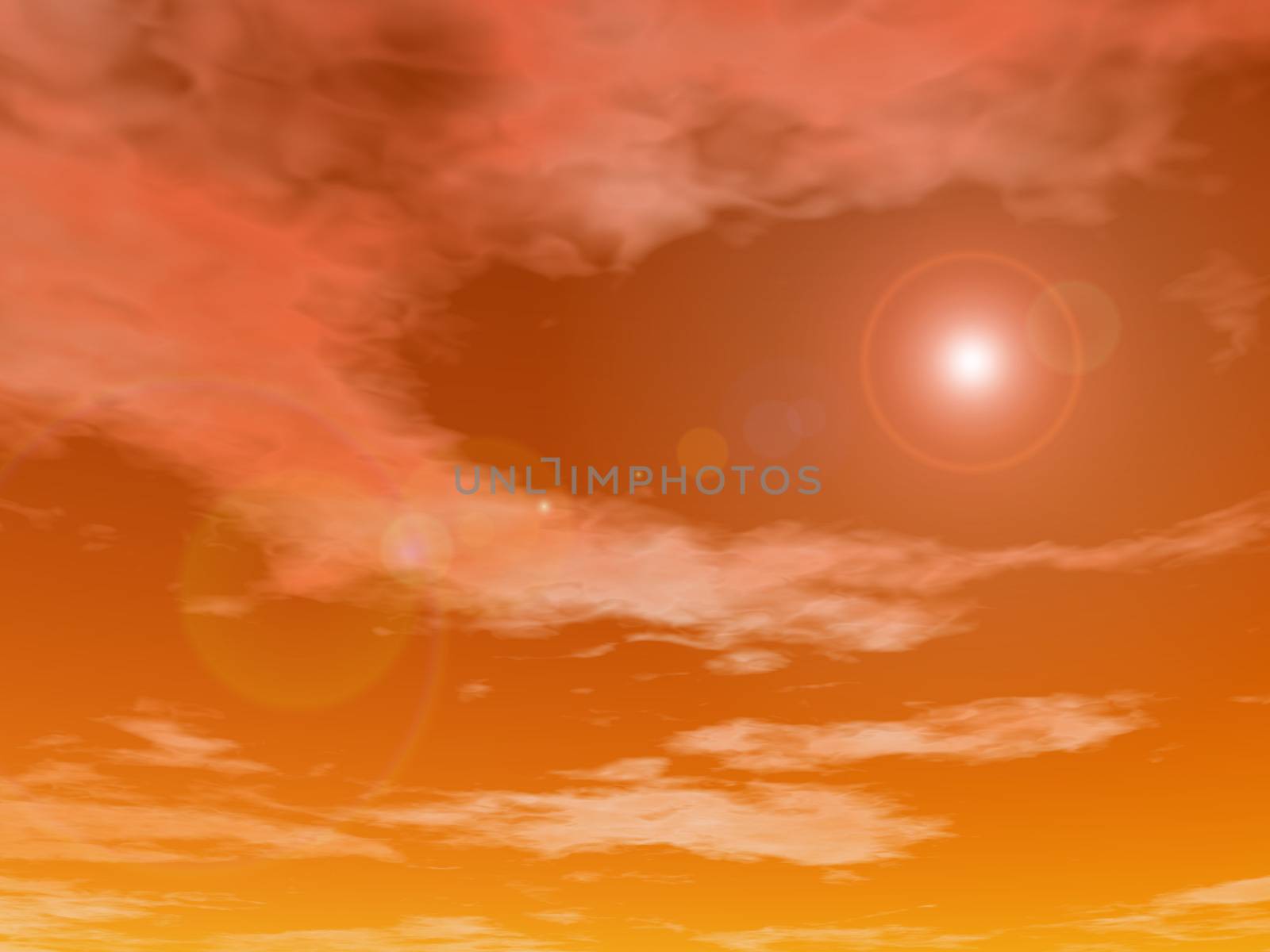 Sun shining in a orange sunset sky background - 3D render