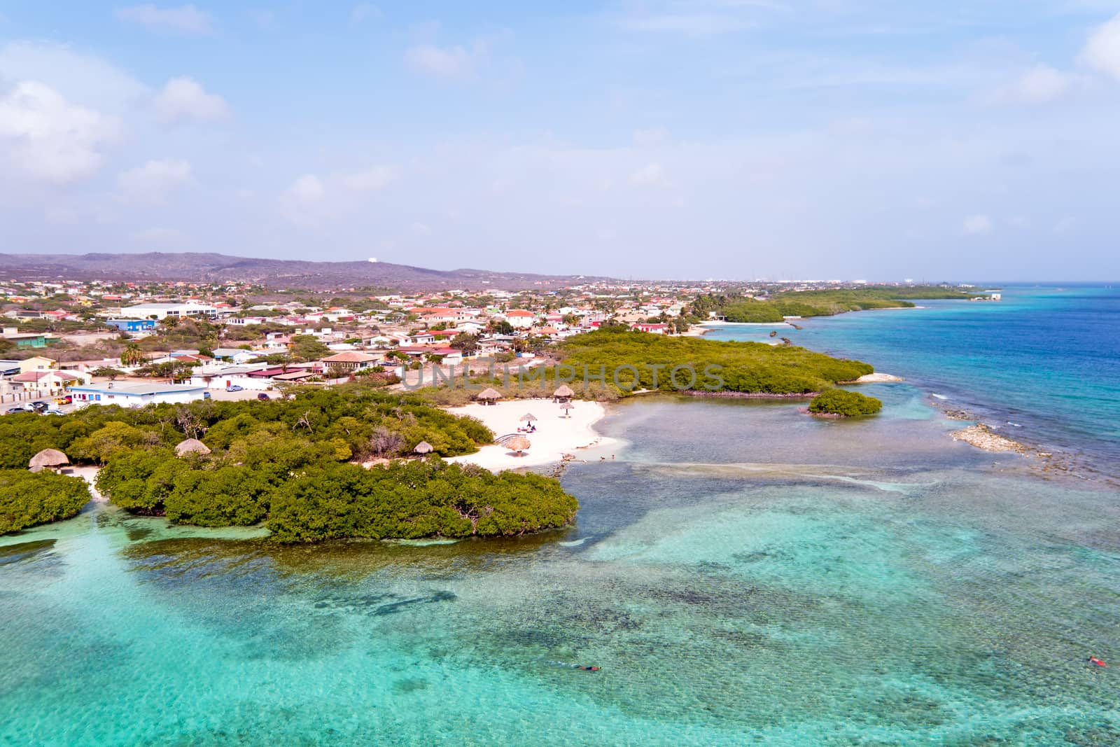 Aerial from Mangel Halto beach on Aruba island in the Caribbean Sea