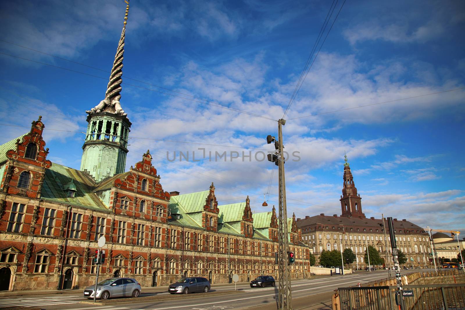 Morning view on Christiansborg Palace and The Borsen, Oldest Building in Slotsholmen, Copenhagen, Denmark