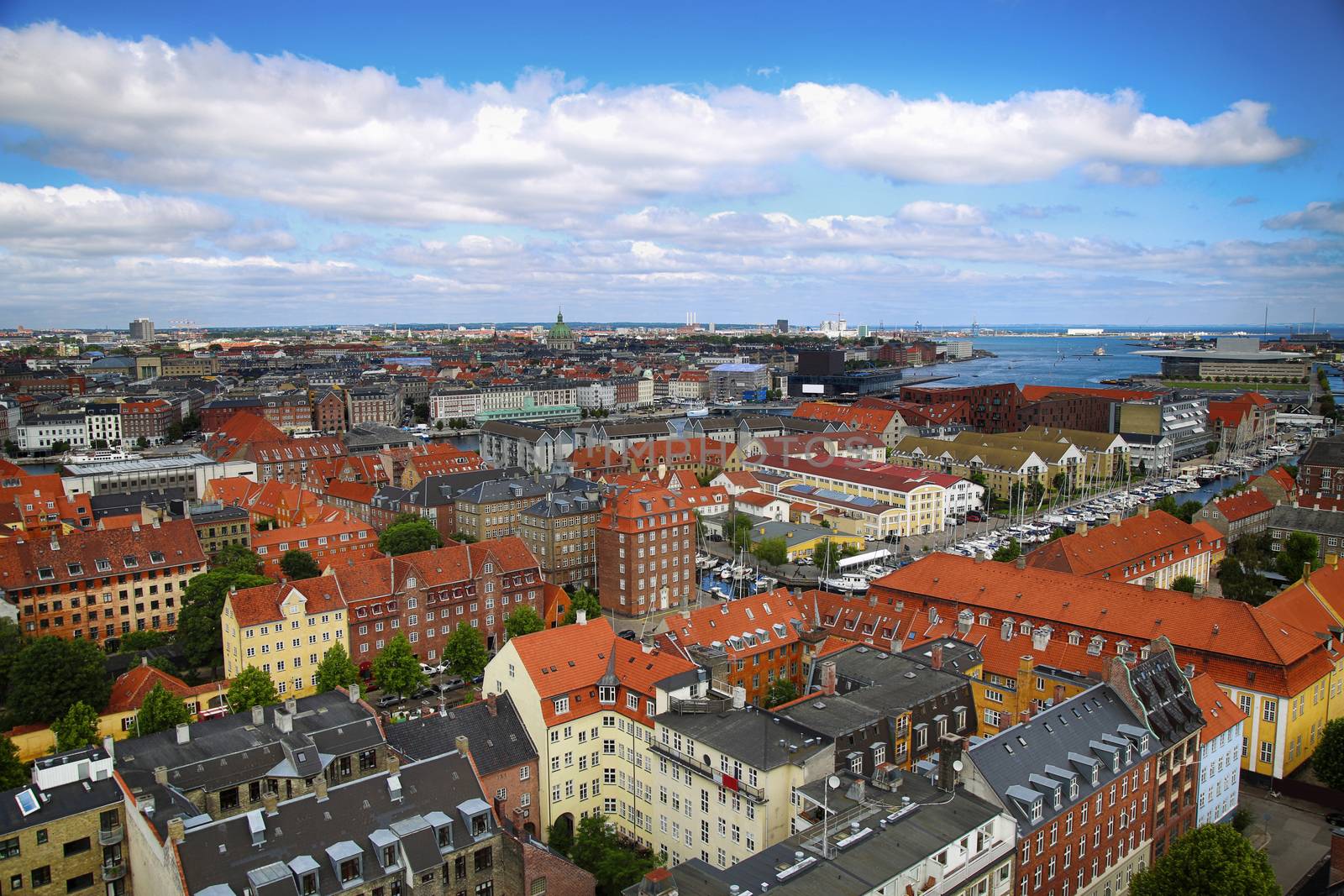 Panoramic view of Copenhagen from church Vor Frelsers Kirke in Copenhagen, Denmark