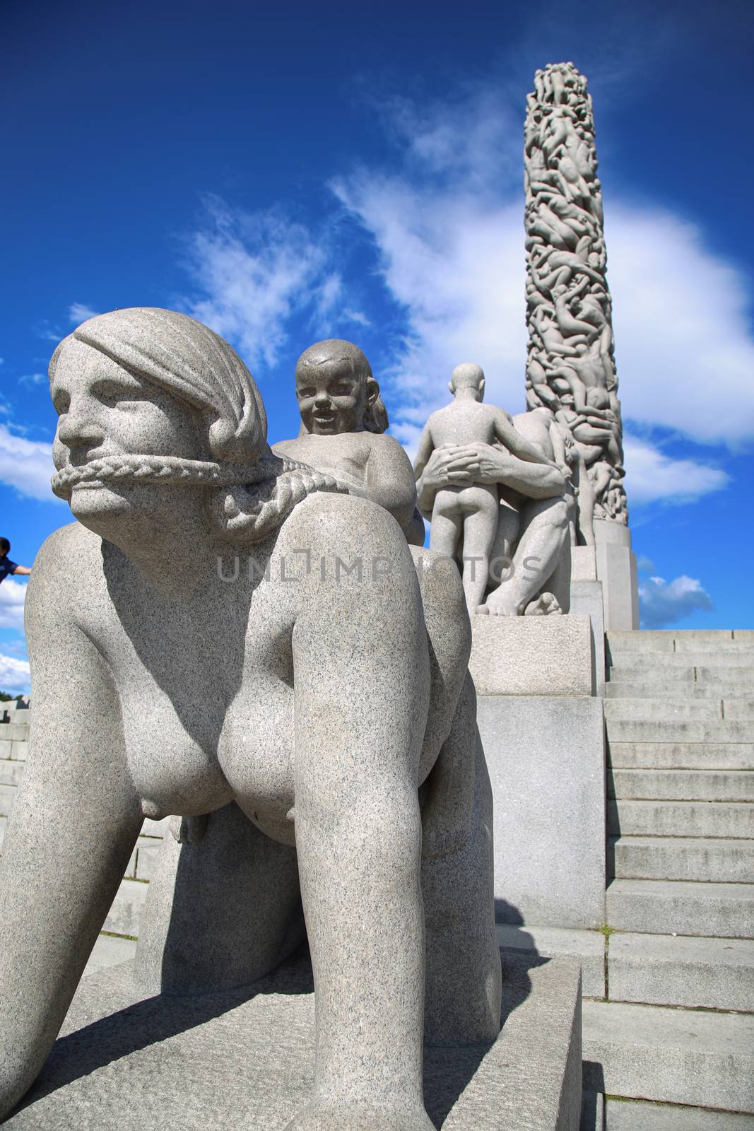 EDITORIAL OSLO, NORWAY - AUGUST 18, 2016: Sculptures at Vigeland Park in the popular Vigeland park ( Frogner Park ), designed by Gustav Vigeland in Oslo, Norway on August 18, 2016. 