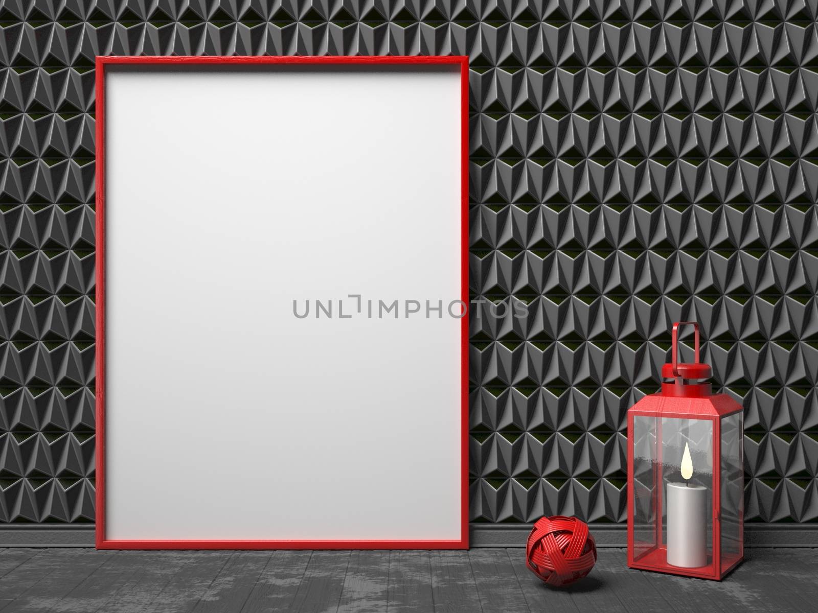 Blank picture frame and red lantern on black triangulated background. Mock up render illustration