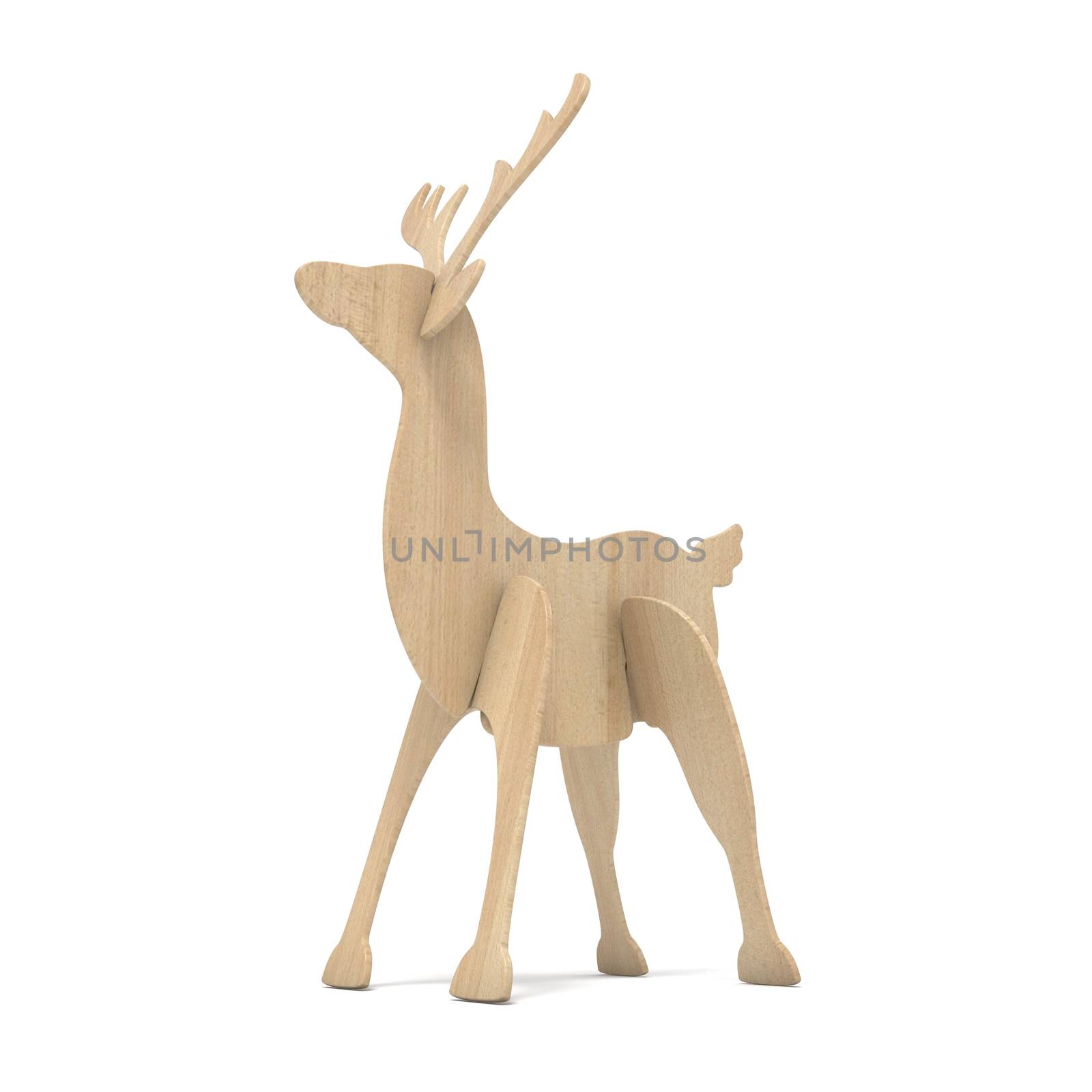 Wooden reindeer figurine. 3D render illustration isolated on white background