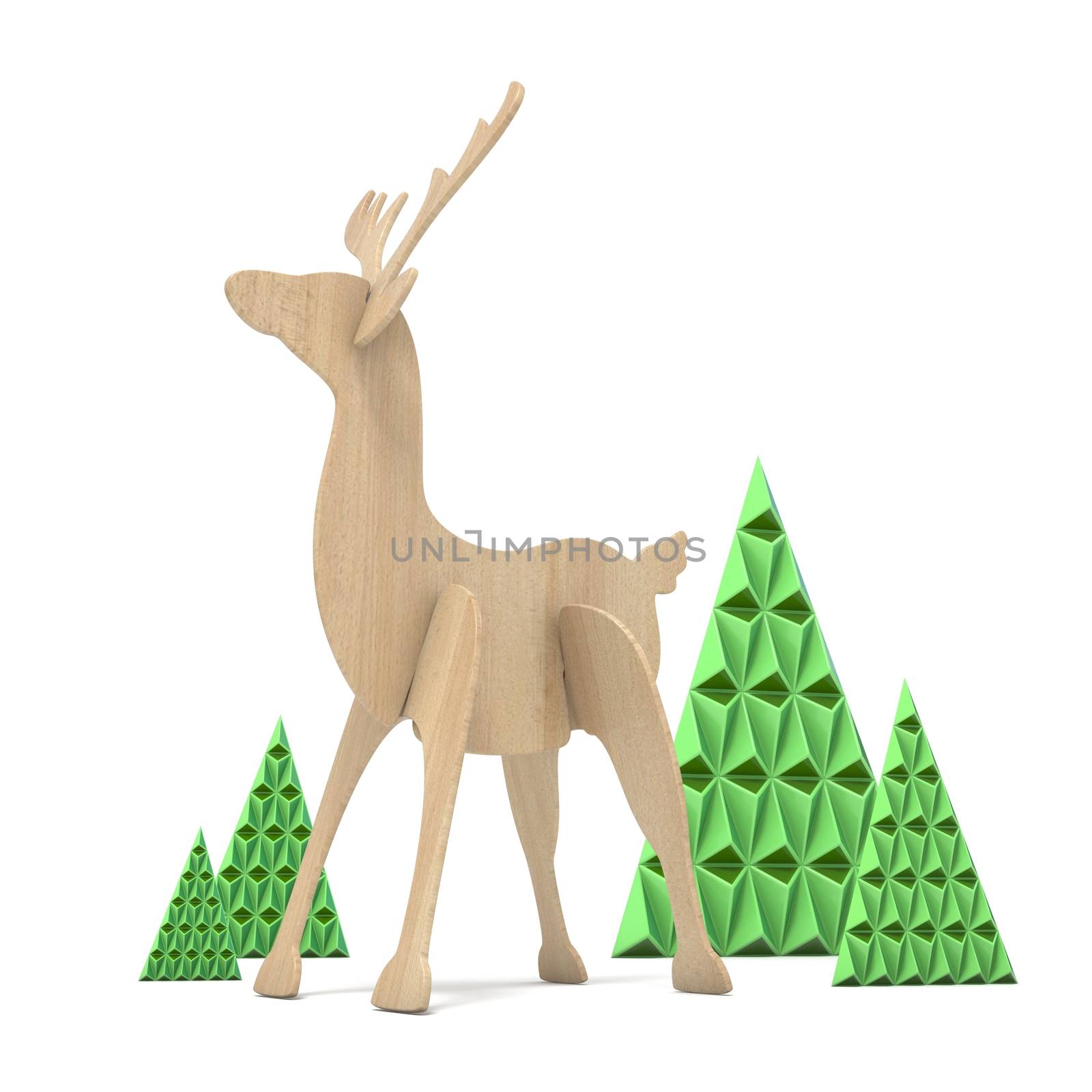 Wooden reindeer and abstract triangulated trees. 3D render illustration isolated on white background