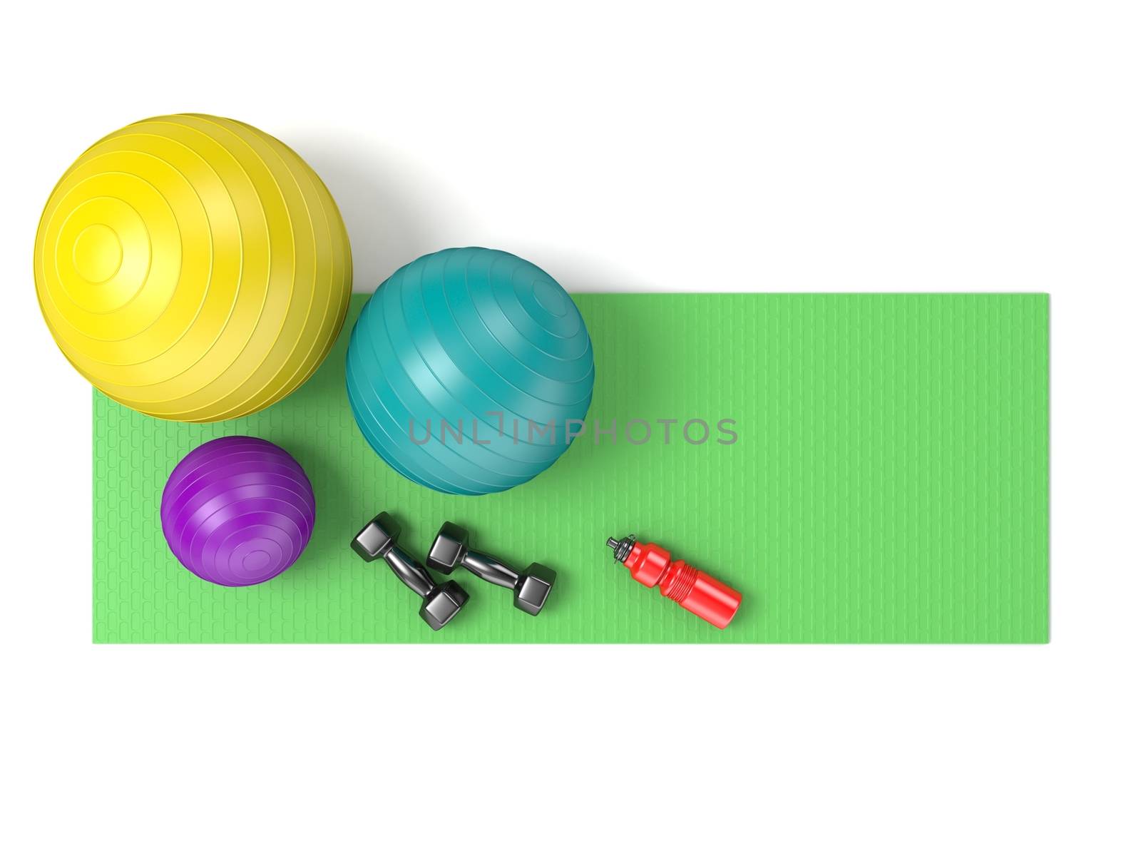 Fitness ball, dumbbells and plastic water bottle on green yoga mat. Top view. 3D render illustration isolated on white background