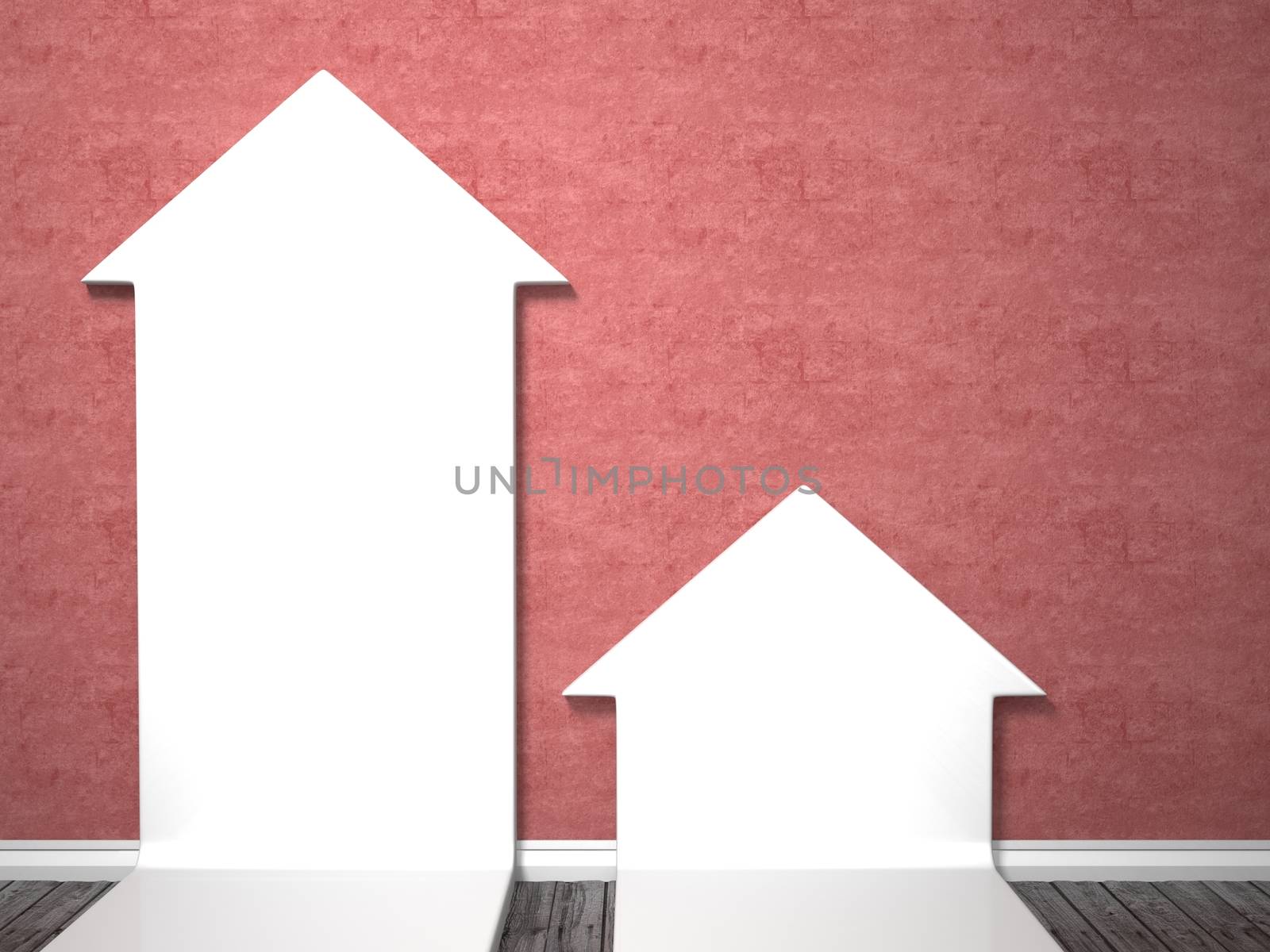 Two arrow shape mock up posters on red wall, 3D render illustration