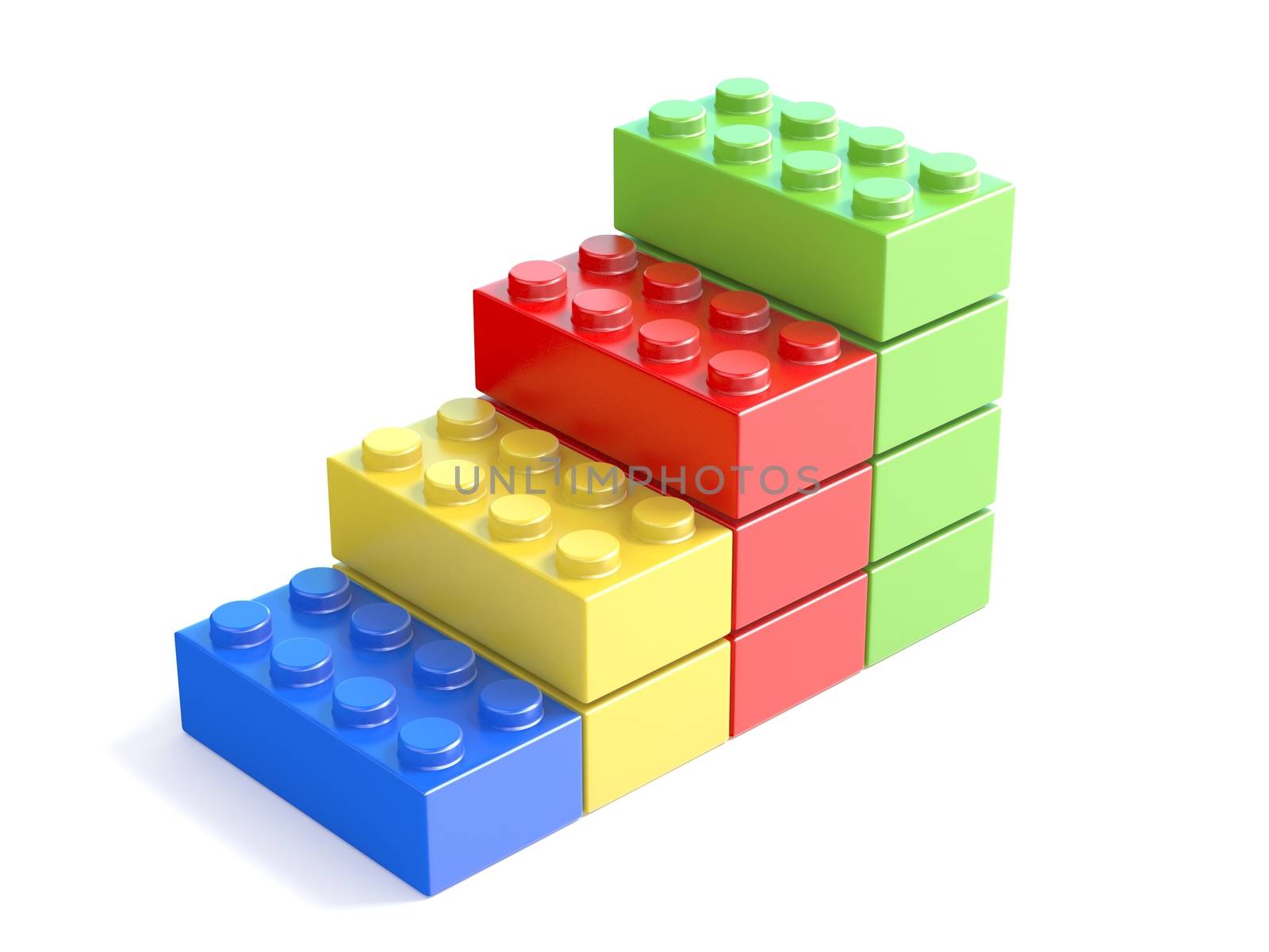 Colorful stacked toy building blocks, kids toy. 3D render illustration isolated on white background