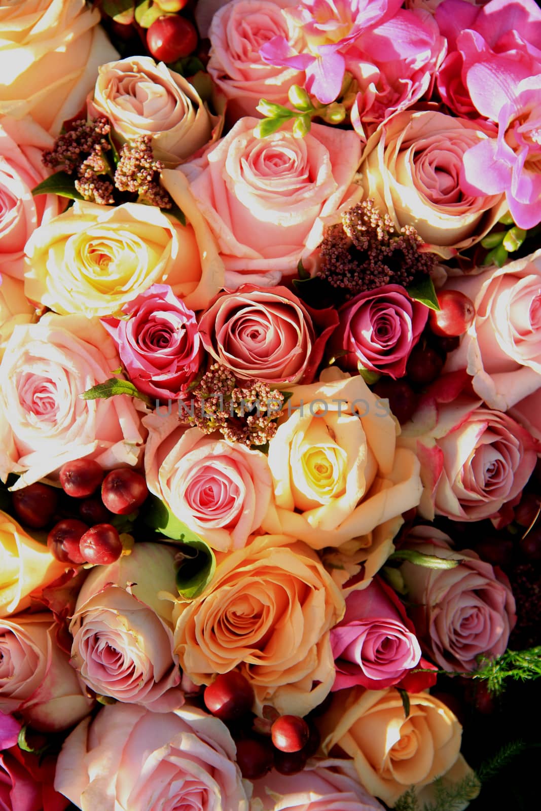 Pastel roses in different shades of pink in a bridal arrangement