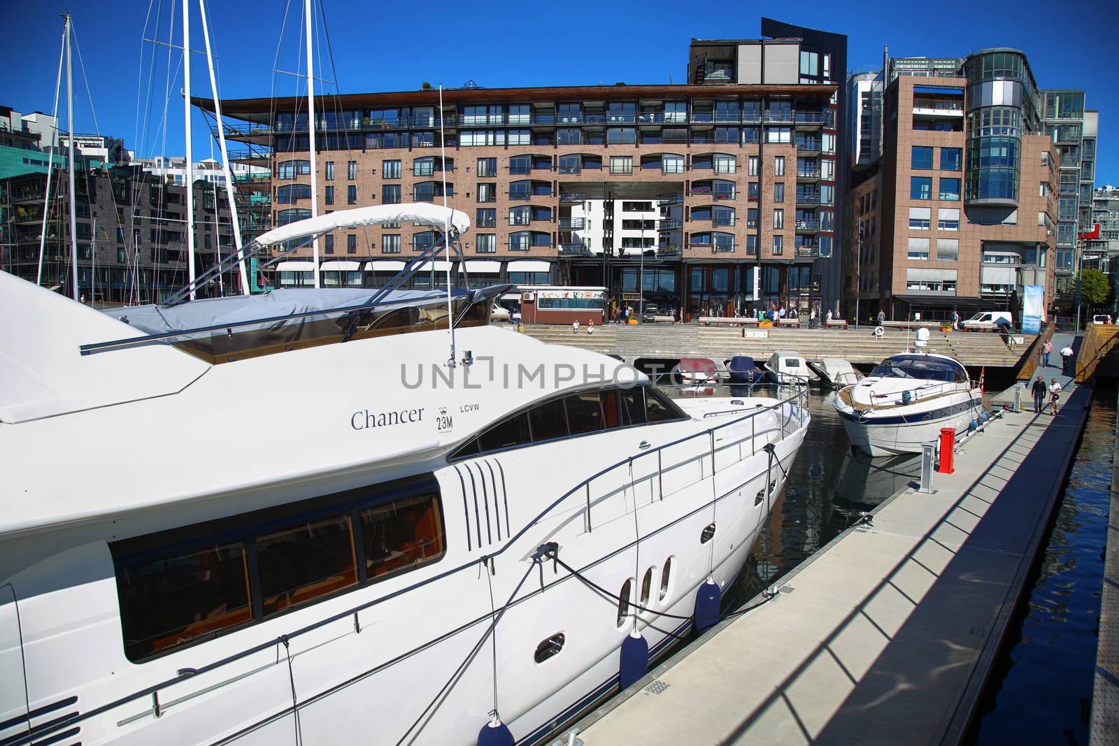 OSLO, NORWAY – AUGUST 17, 2016: People walking on modern district on street Stranden, Aker Brygge district with lux apartments, shopping, culture and restaurants in Oslo, Norway on August 17,2016.