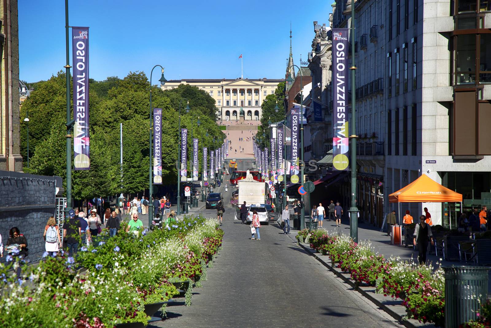 OSLO, NORWAY - AUGUST 18, 2016: People walk Oslo's main street K by vladacanon