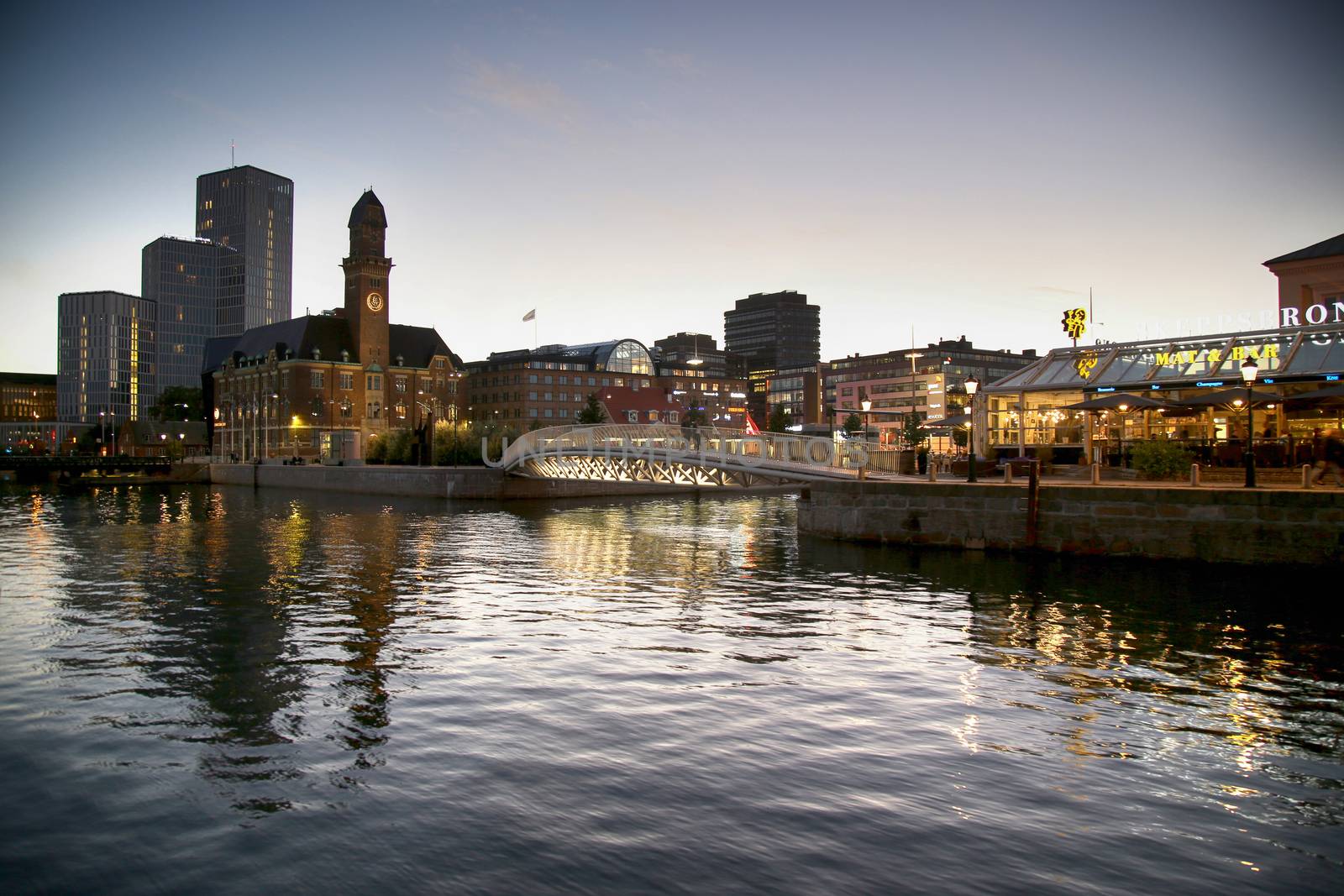 MALMO, SWEDEN - AUGUST 16, 2016: View of beautiful night scene and Bagers bro bridge from street Norra Vallgatan in Malmo, Sweden on August 16, 2016.