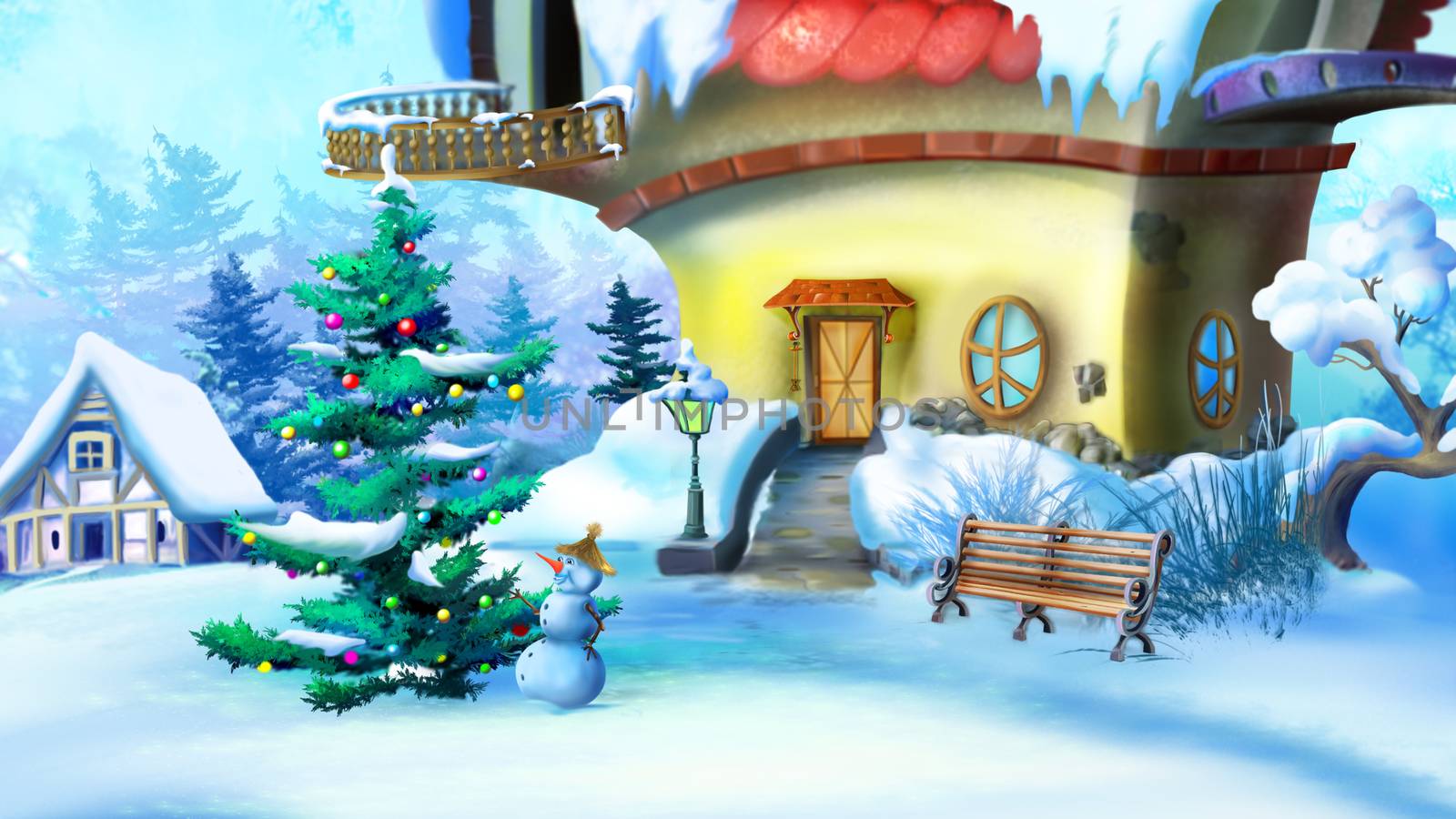 Christmas Tree and Snowman Near a Fairy Tale House by Multipedia