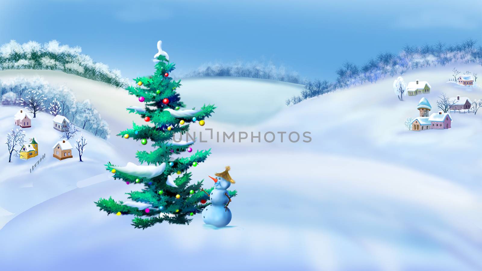 Landscape with Christmas Tree and Snowman by Multipedia