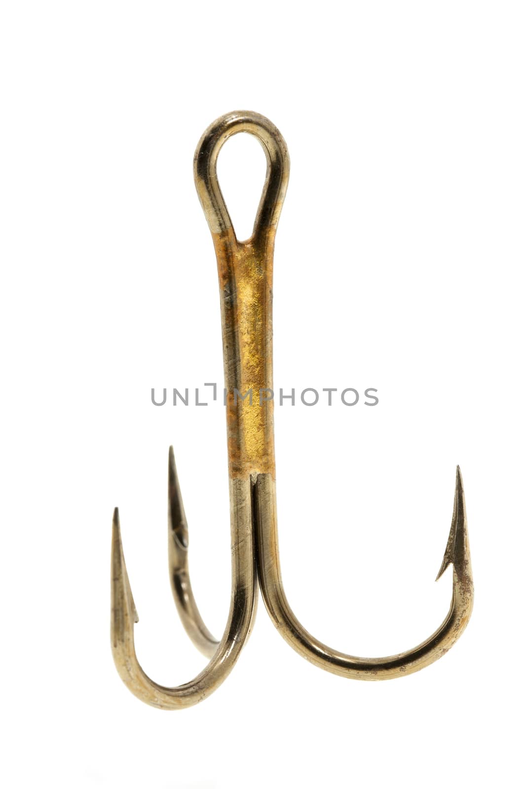 photographed close-up on a white background a triple fish hook, a small depth of field