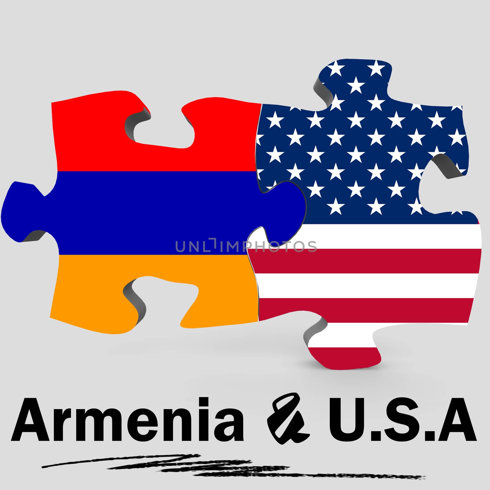 USA and Armenia Flags in puzzle isolated on white background, 3D rendering