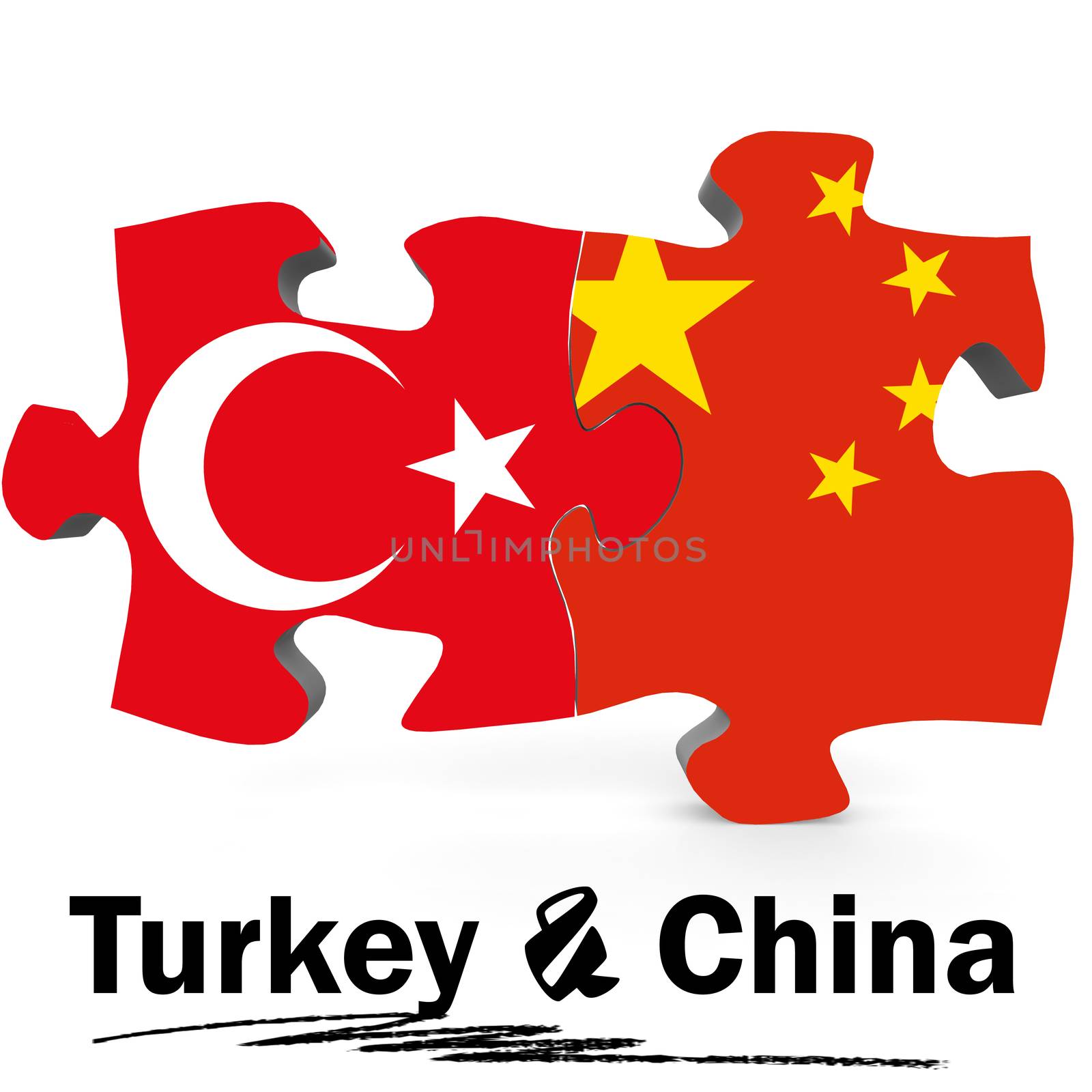 China and Turkey Flags in puzzle isolated on white background, 3D rendering