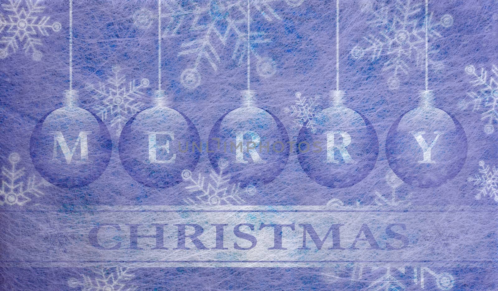 Grey fiber fabric and blue glitter film and christmas balls and the words Merry Christmas, christmas card