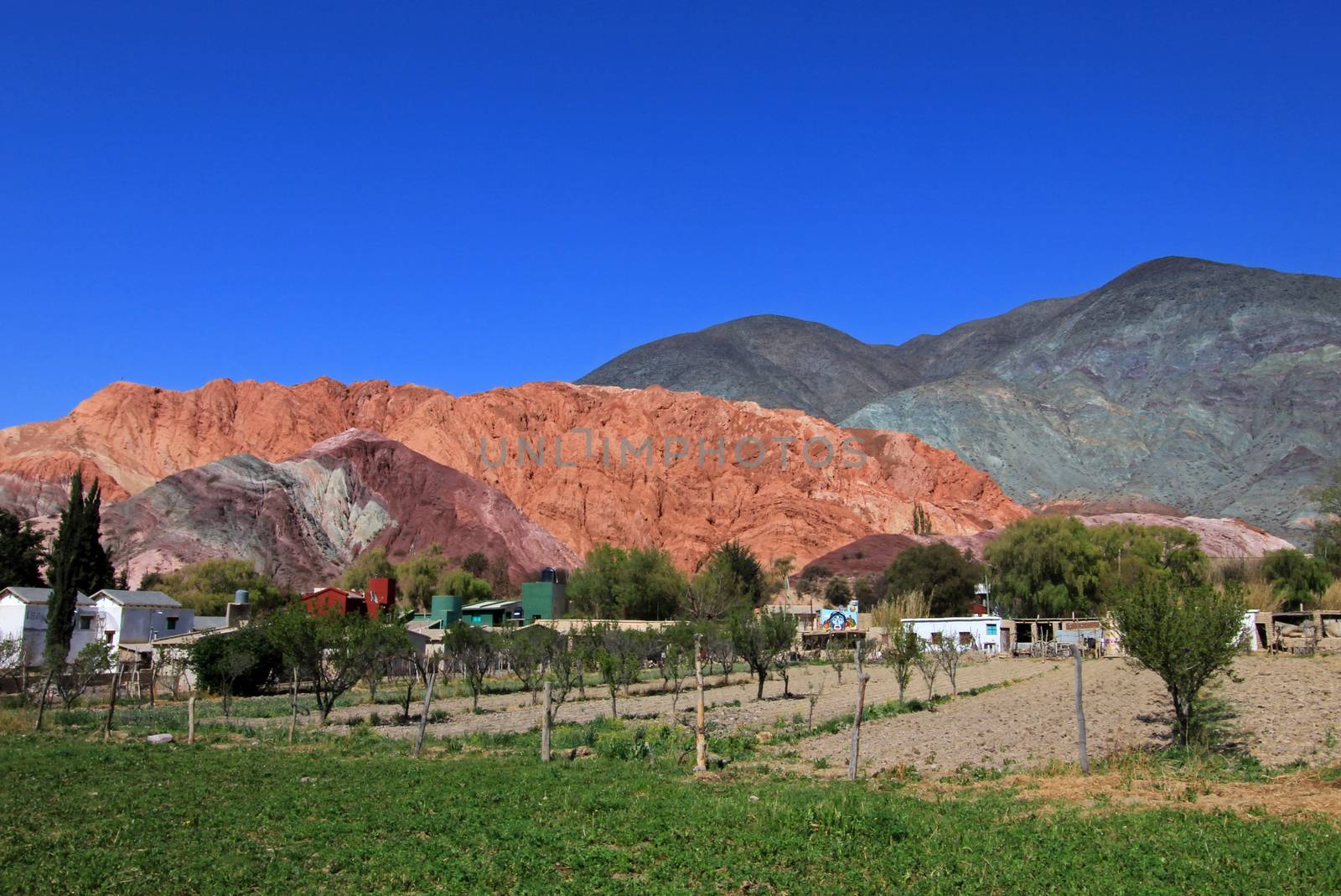 The hill of seven colors, cerro de los siete colores, at Purmamarca, UNESCO world heritage quebrada de humahuaca, Jujuy, Argentina