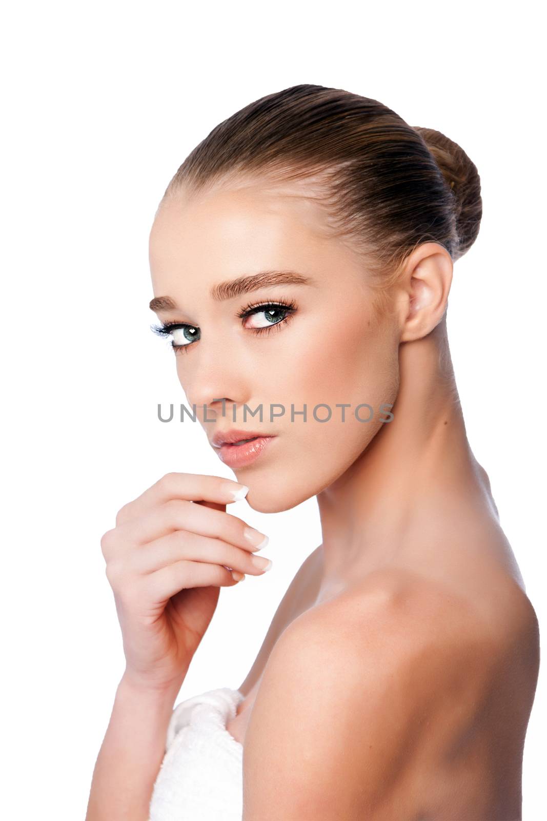 Beautiful clean face of woman from side, aesthetics exfoliating skincare concept, on white.