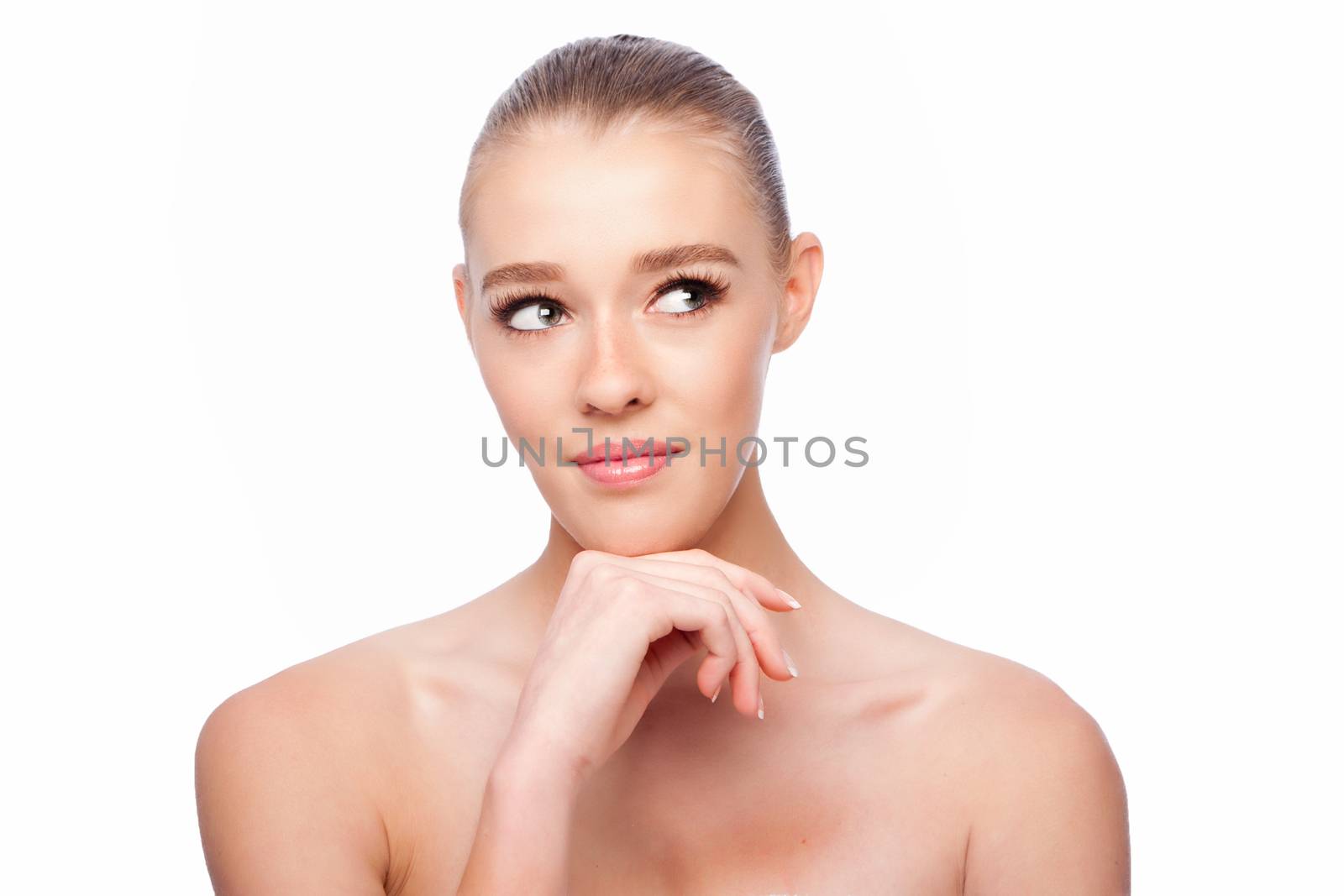 Beautiful clean face of woman looking to side, aesthetics exfoliating skincare concept, on white.
