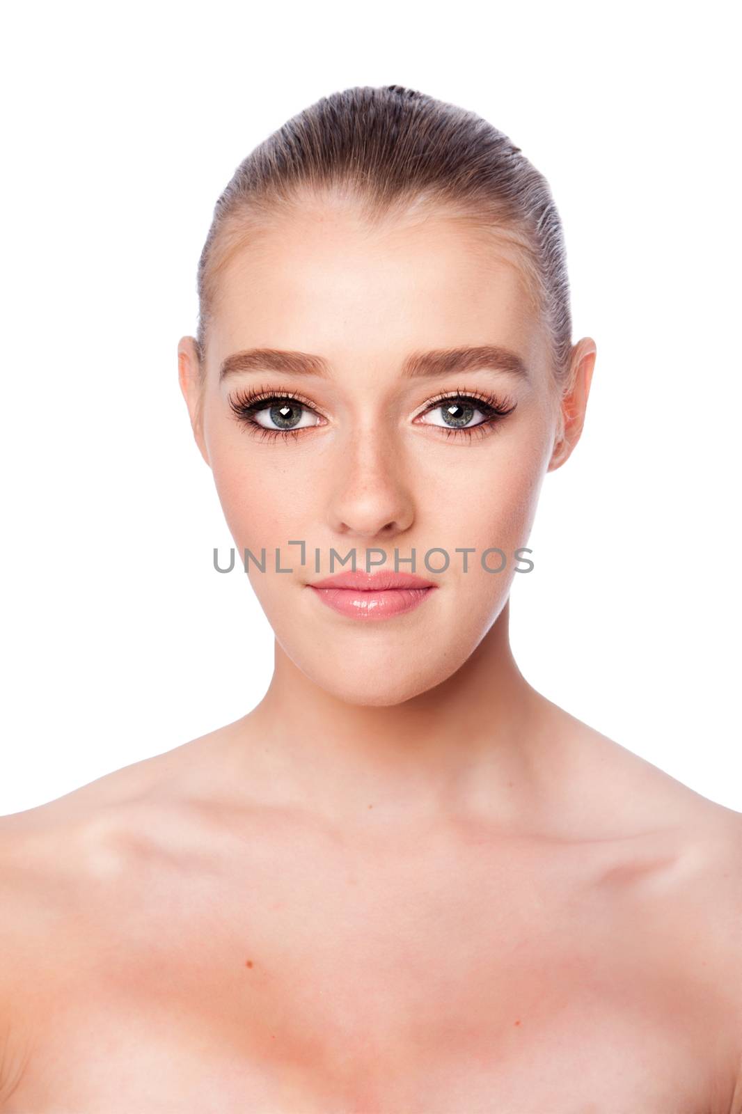 Beautiful clean face of woman, aesthetics exfoliating skincare concept, on white.