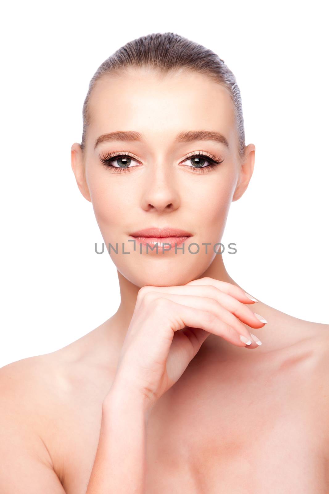 Beautiful clean face of woman, aesthetics skincare concept, on white.