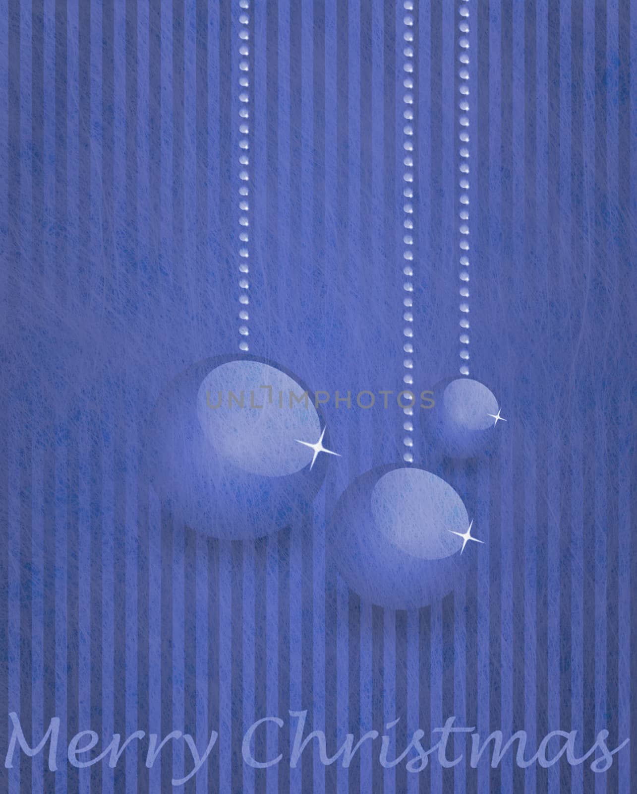 Grey fiber fabric and blue glitter film and christmas balls and the words Merry Christmas, christmas card