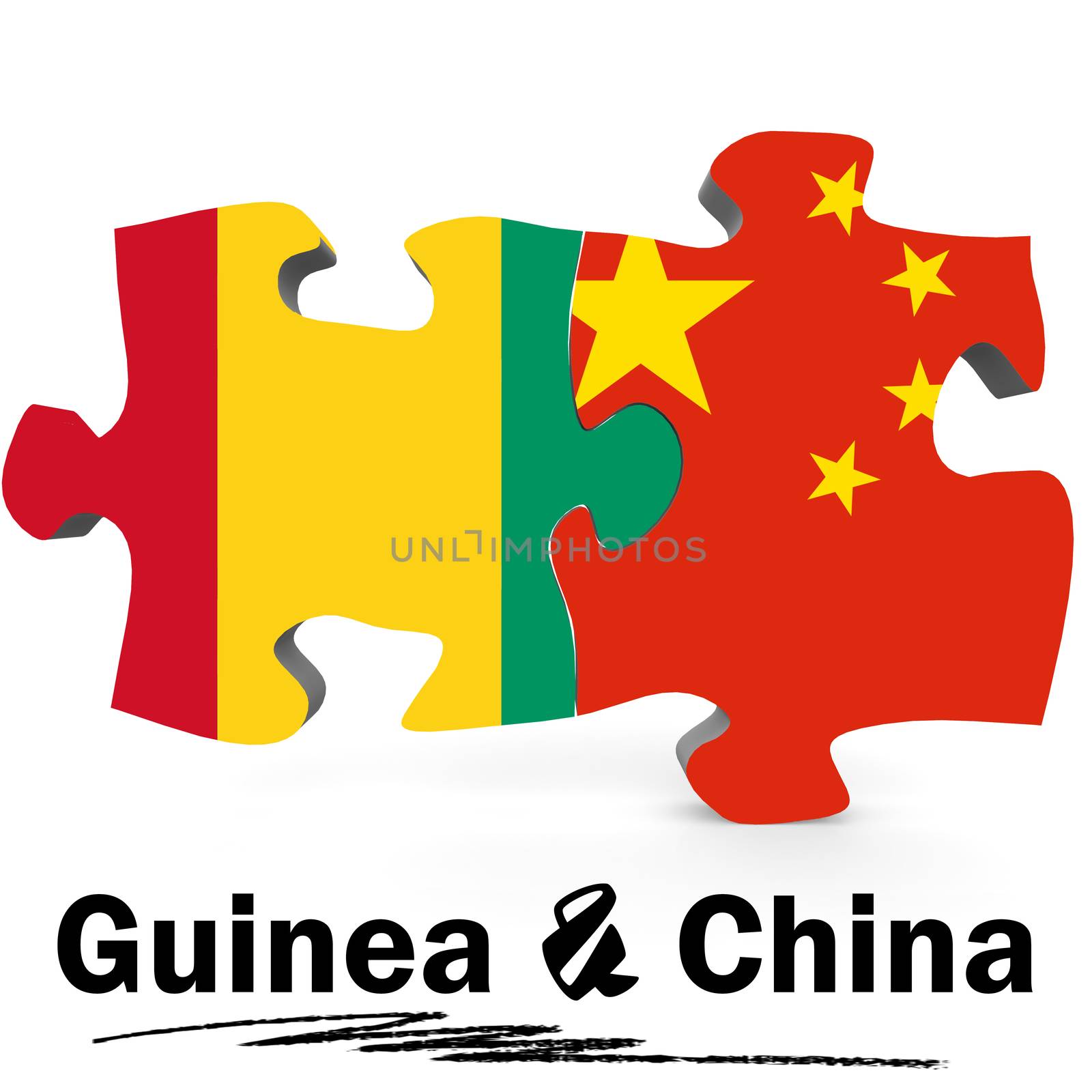 China and Guinea Flags in puzzle isolated on white background, 3D rendering