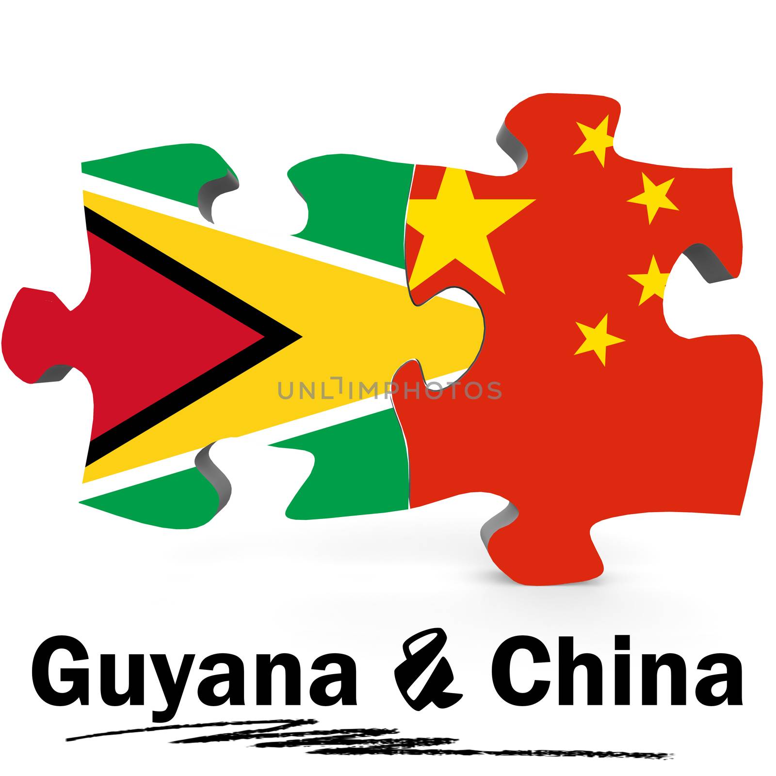 China and Guyana Flags in puzzle isolated on white background, 3D rendering