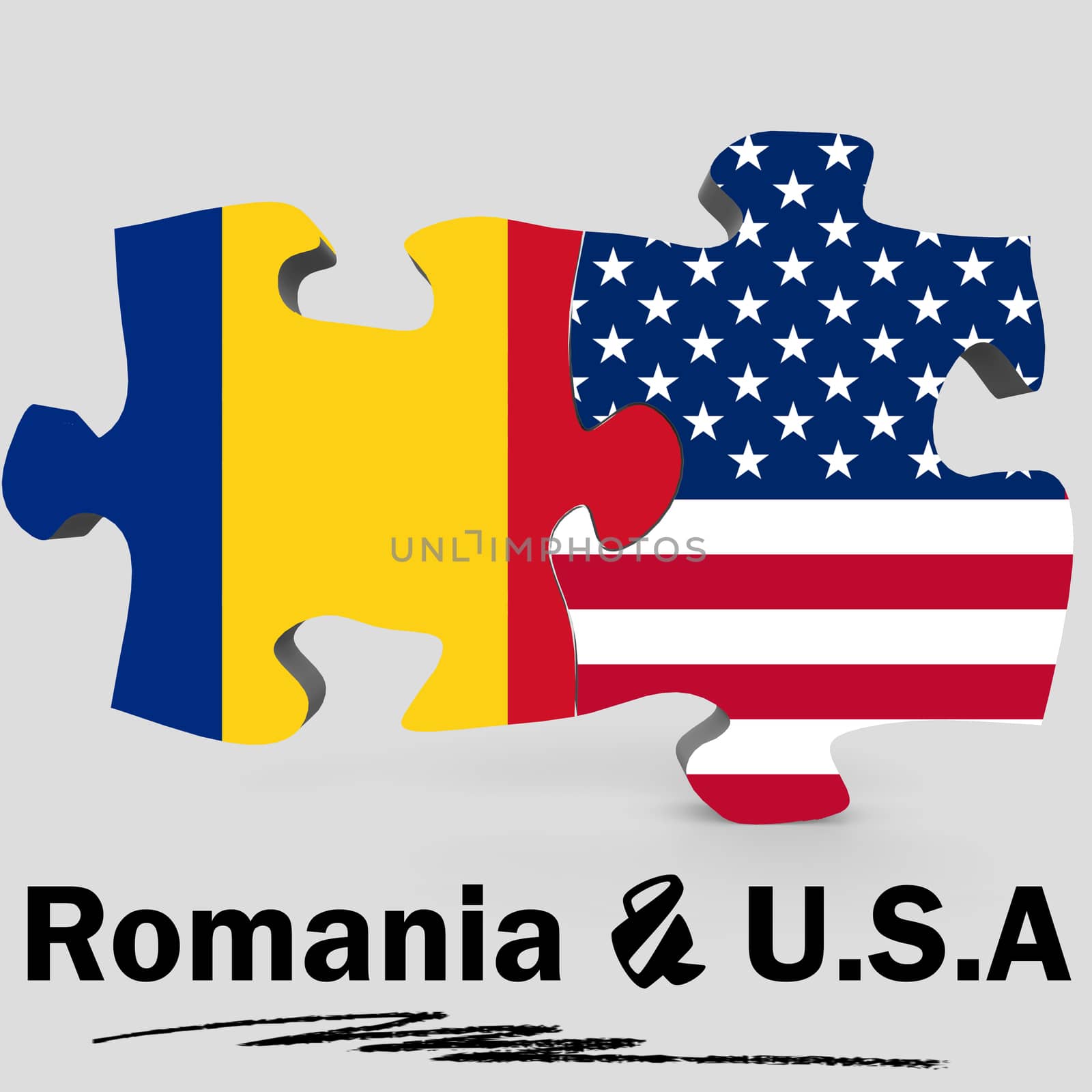 USA and Romania Flags in puzzle isolated on white background, 3D rendering