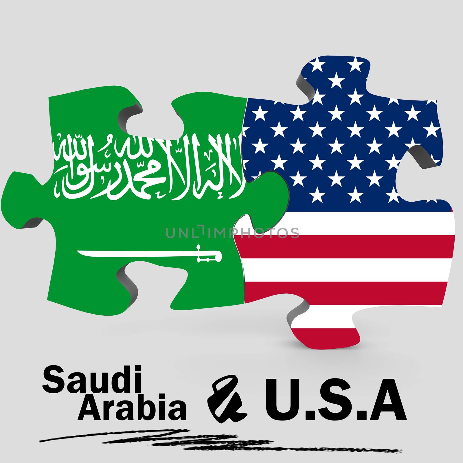 USA and Saudi Arabia Flags in puzzle isolated on white background, 3D rendering