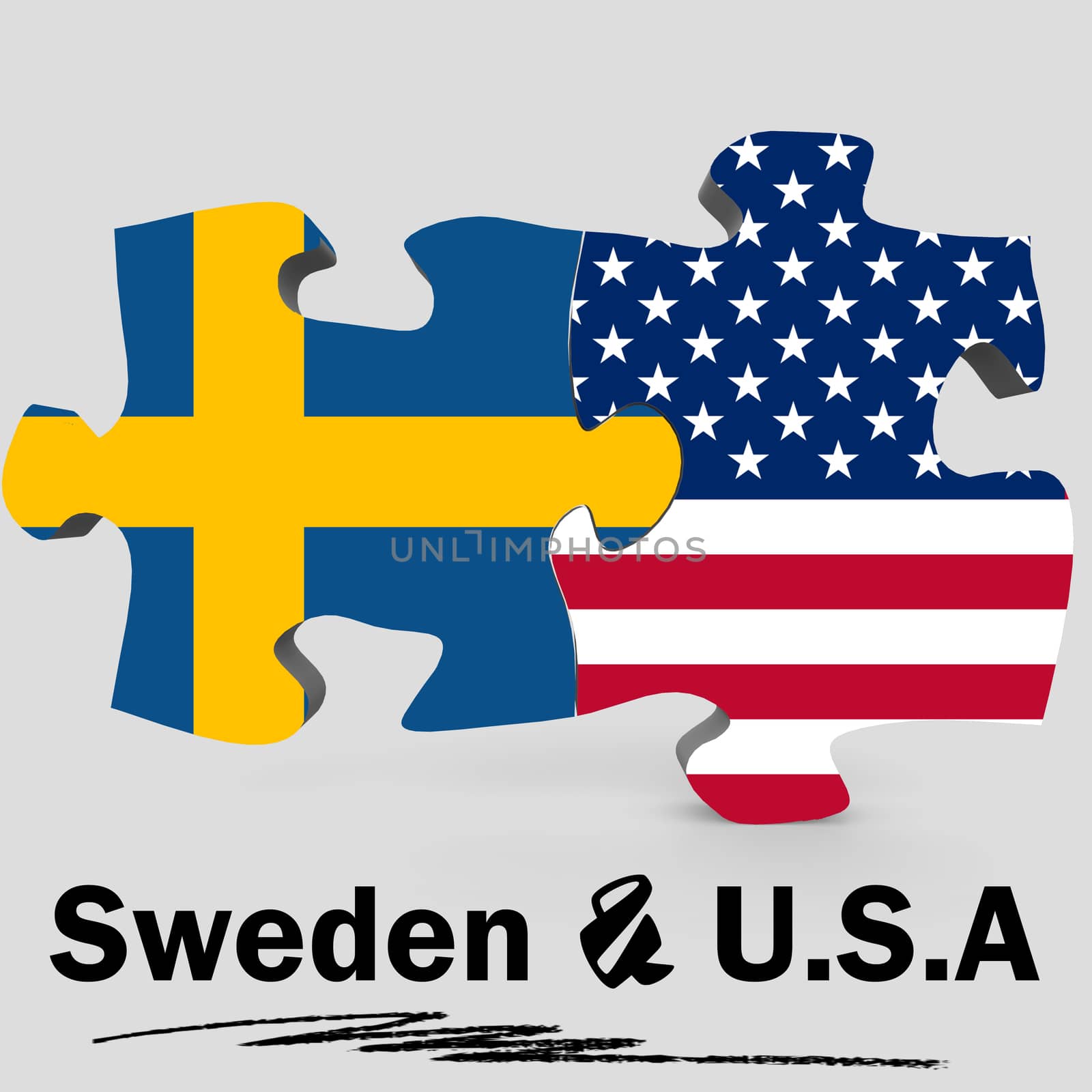 USA and Sweden Flags in puzzle isolated on white background, 3D rendering