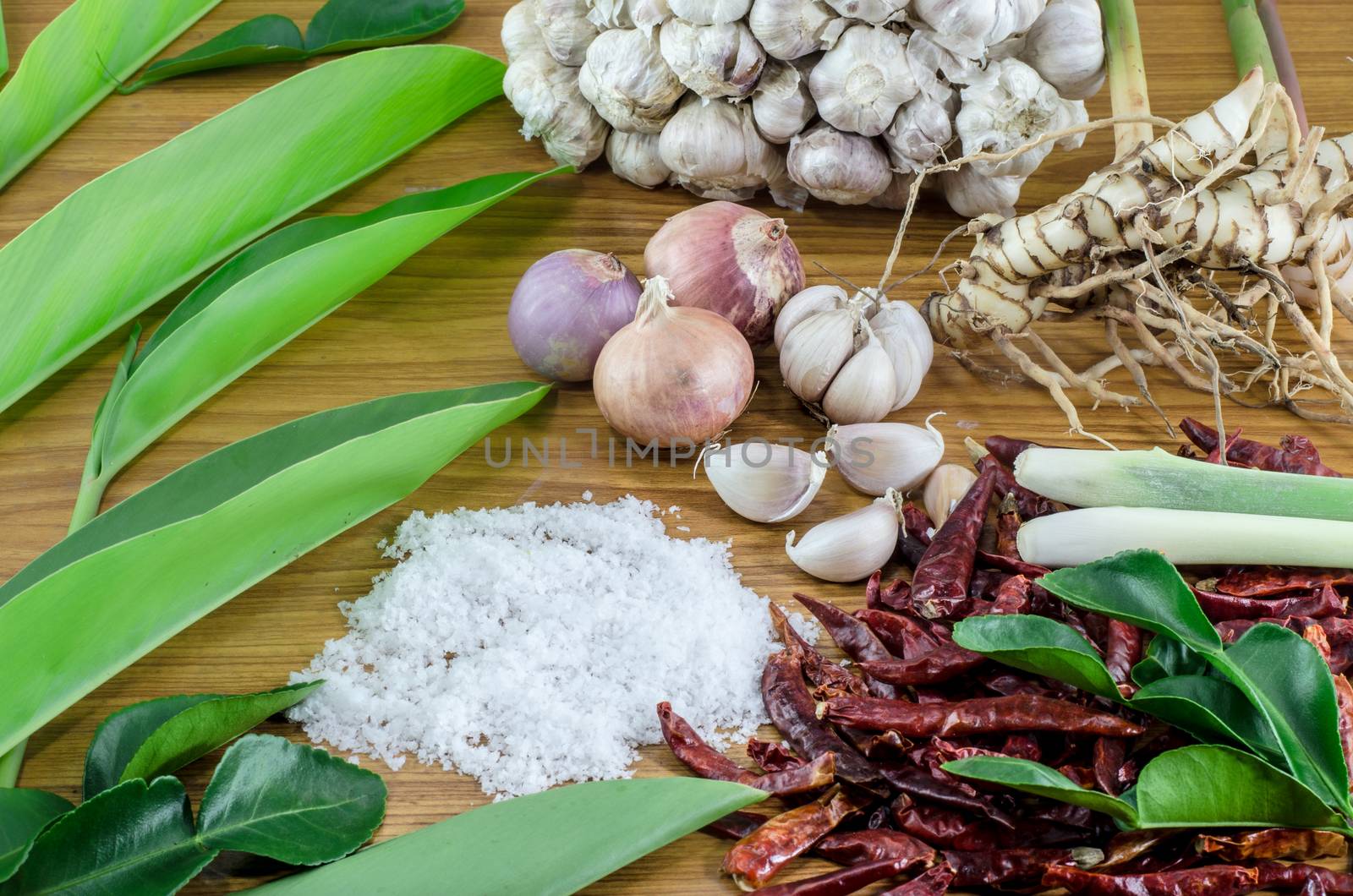 Ingredients of Tom Yam on  Thaifood Wood surface