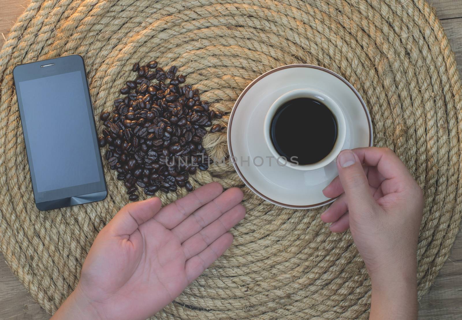 Relaxation drink coffee on a jute rope.