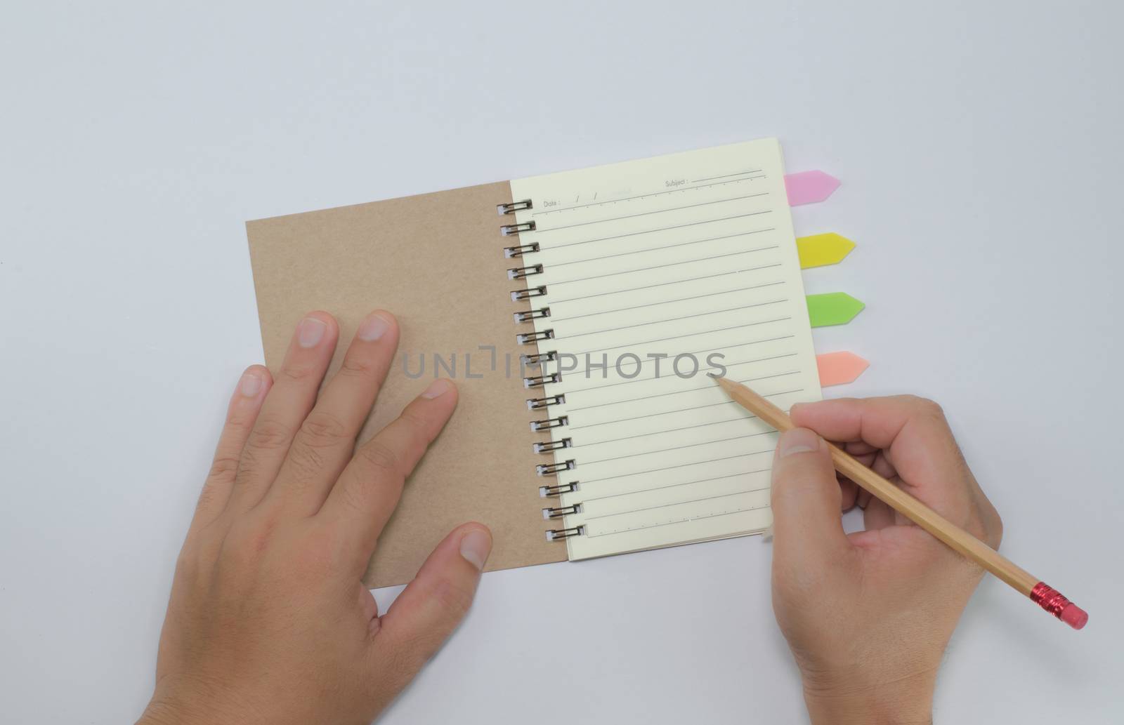 Writer recycled paper notebook open front cover on white background
