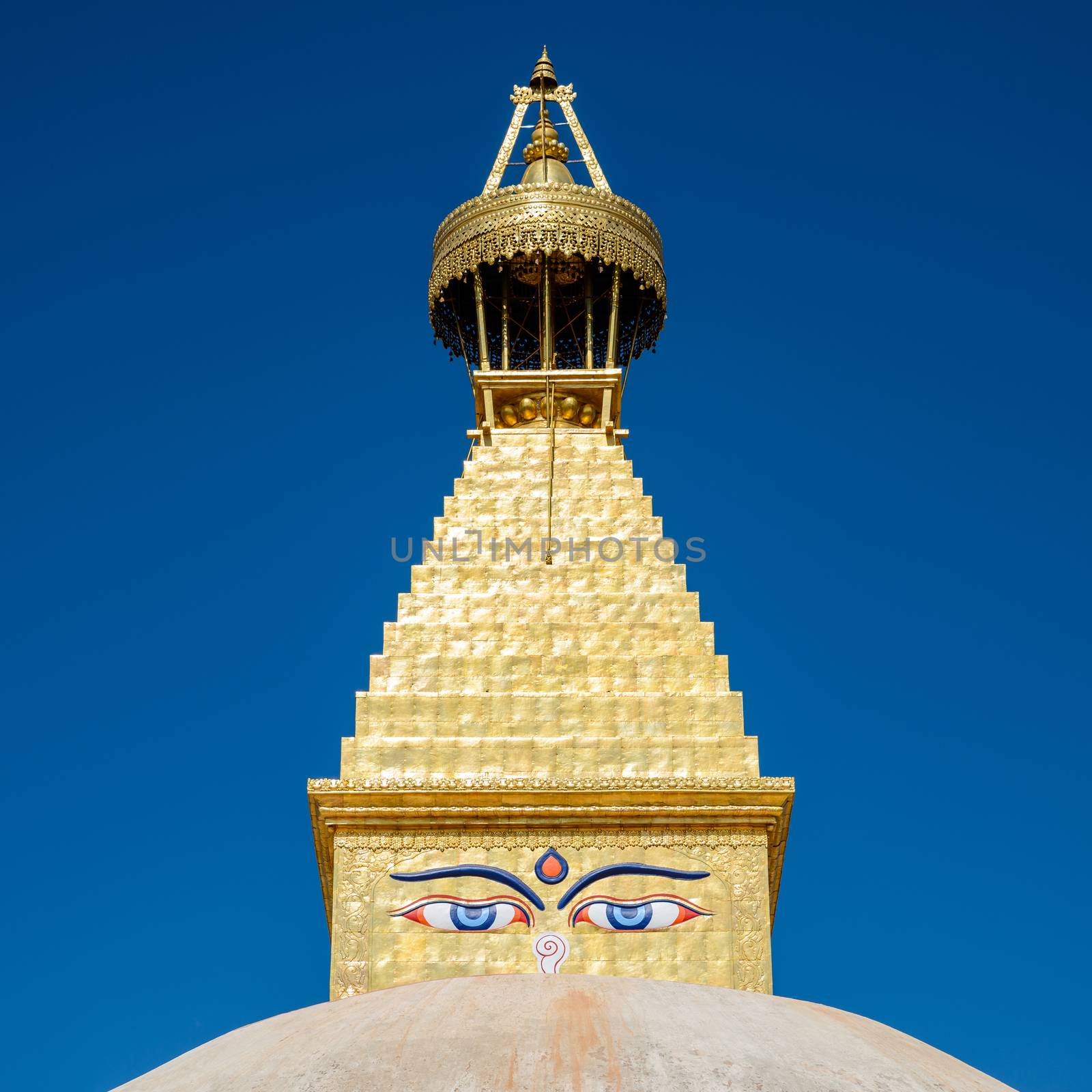 Boudhanath stupa in Kathmandu, Nepal. The top has been rebuilt since 2015 Nepal earthquake.