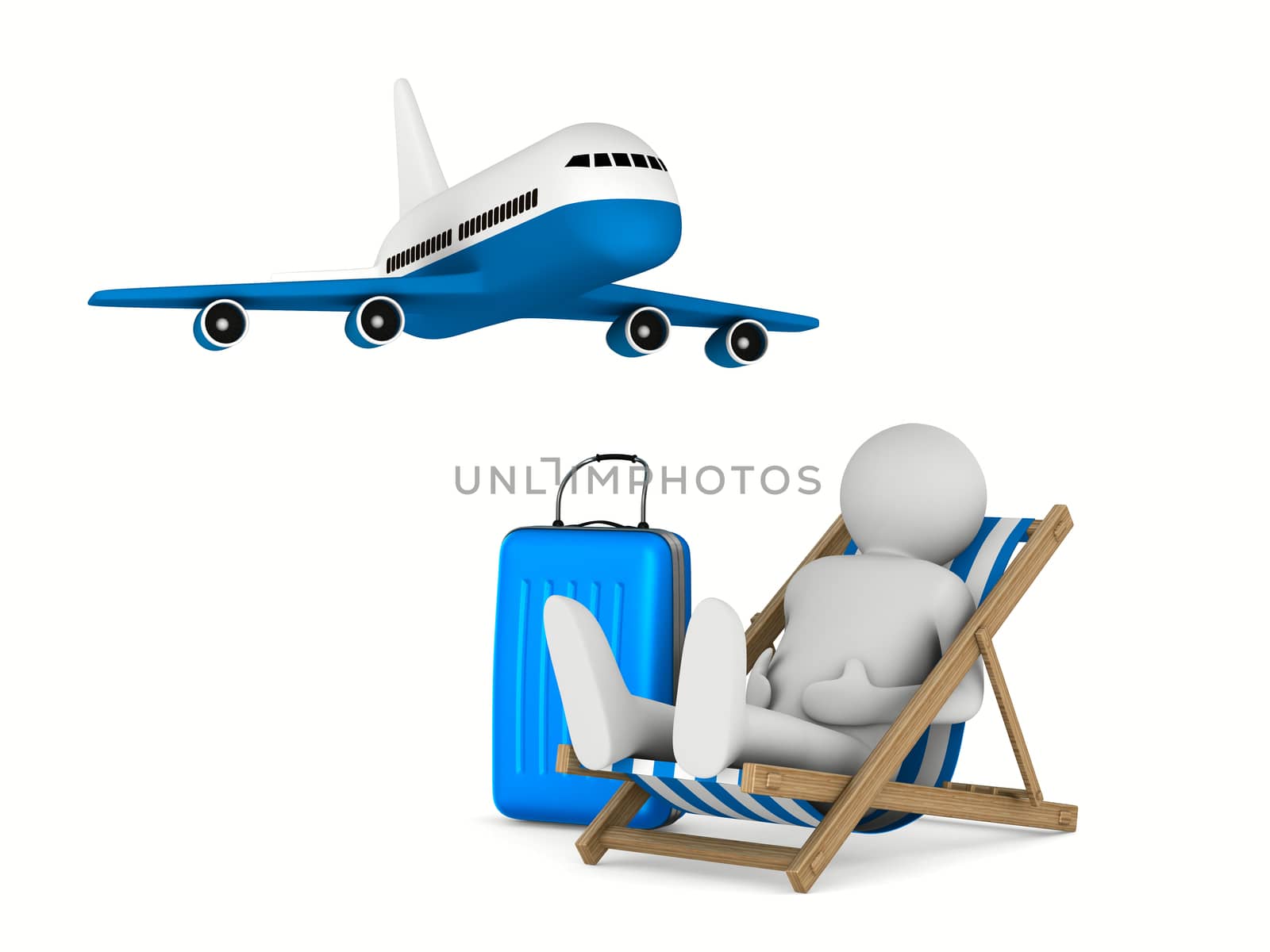 Man on deckchair and luggage on white background. Isolated 3D im by ISerg