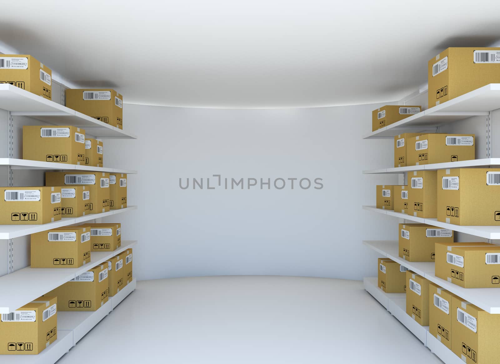 White room with steel shelves and cardboard boxes by cherezoff