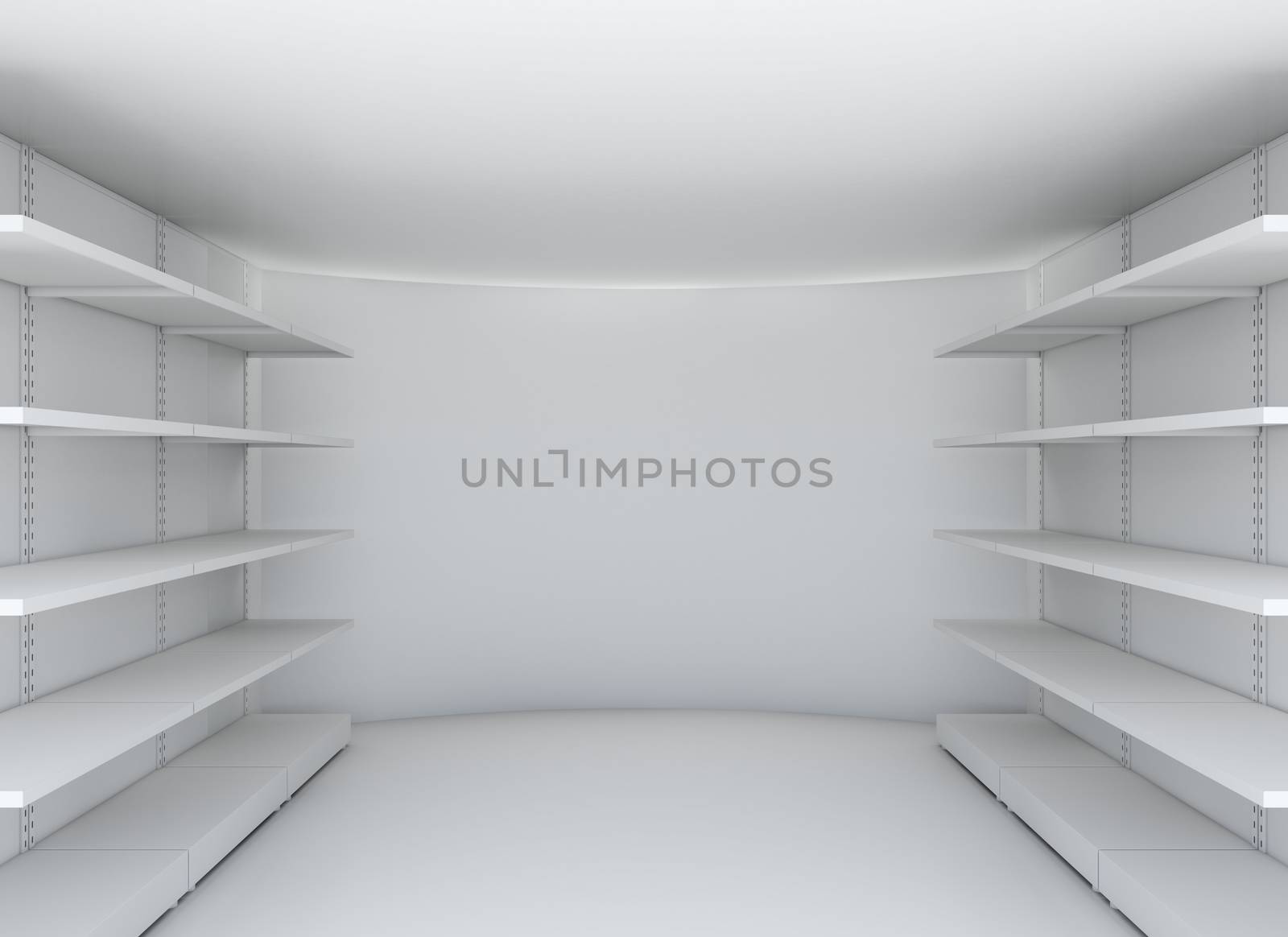 White room with steel shelves. 3D illustration