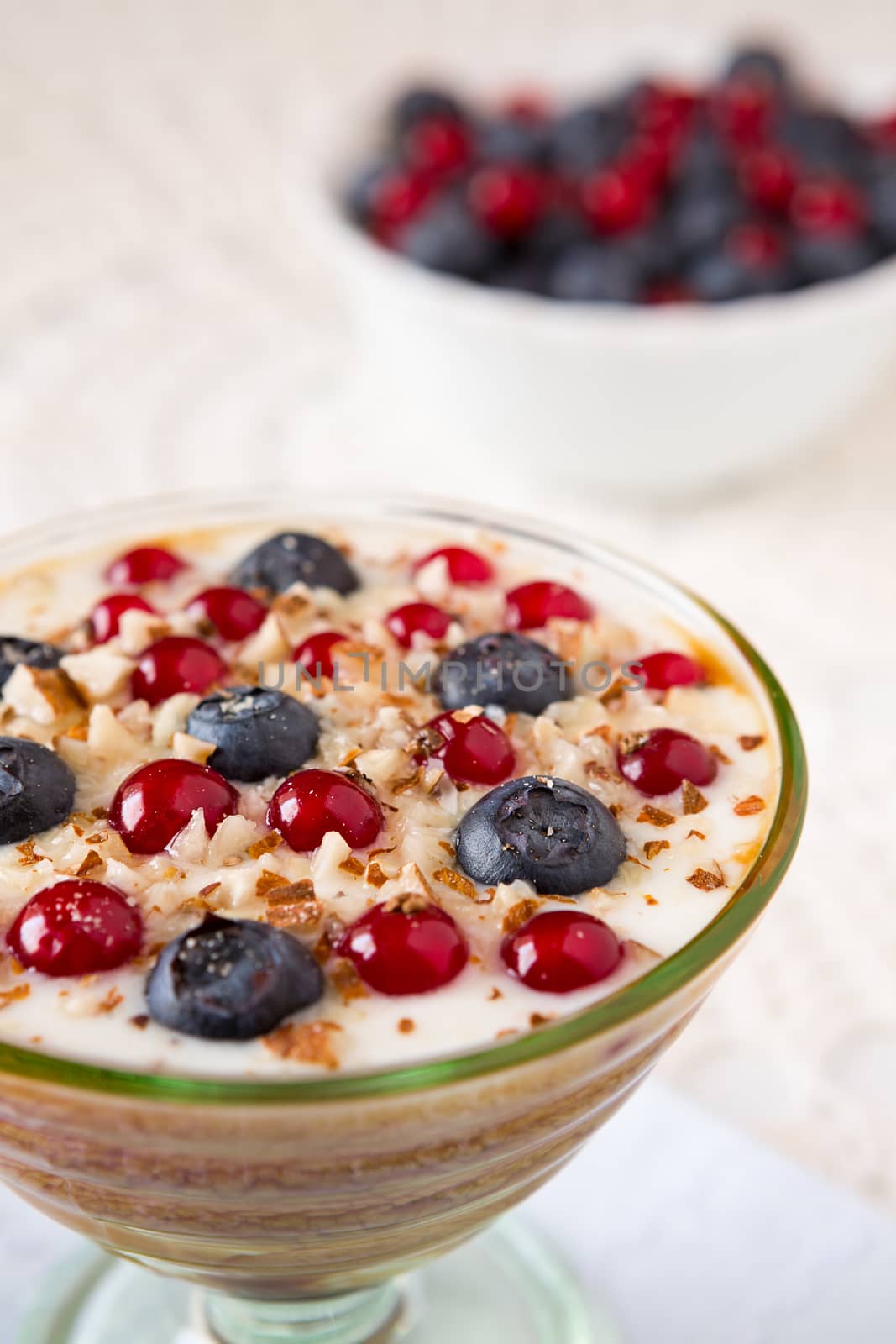 Closeup of a yogurt dessert with berries and almonds with berries on background