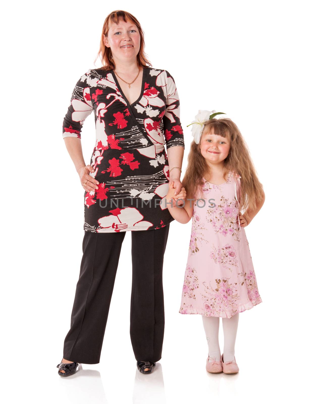 Mother with daughter sitting on chair isolated on white