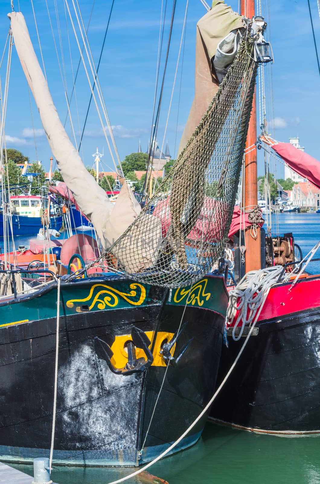 View of the ship's bow from an antique steel sailing ship in Holland.