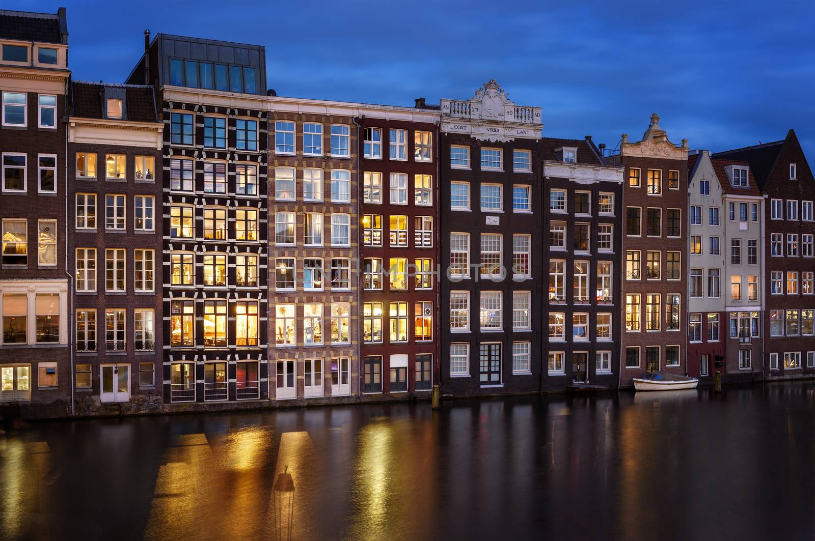 Wonderful view on houses of Amsterdam in night,Netherlands.